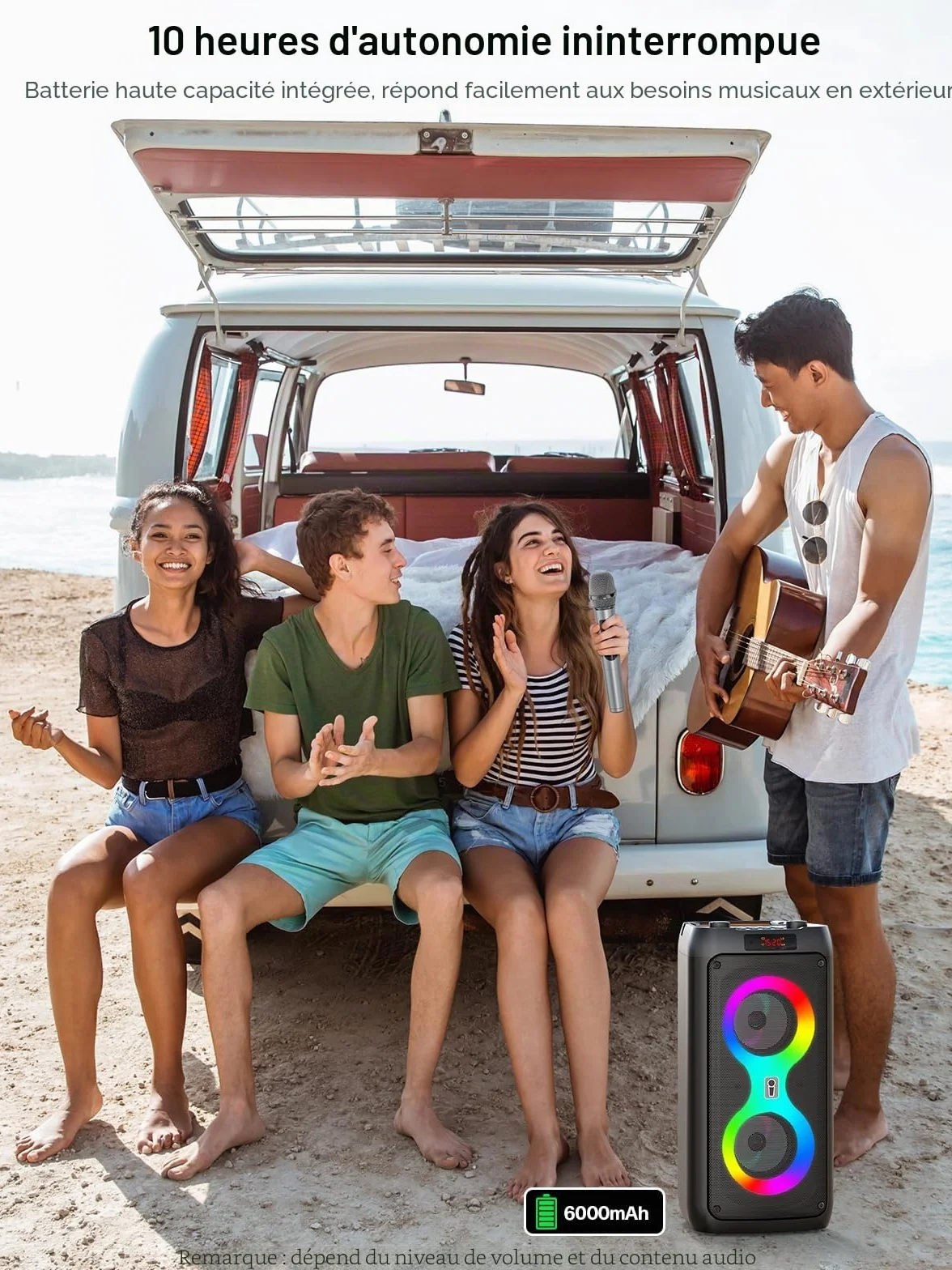 Machine de karaoké portable extérieur avec 2 microphones sans fil, système PA lumières LED, batterie 6000 mAh
