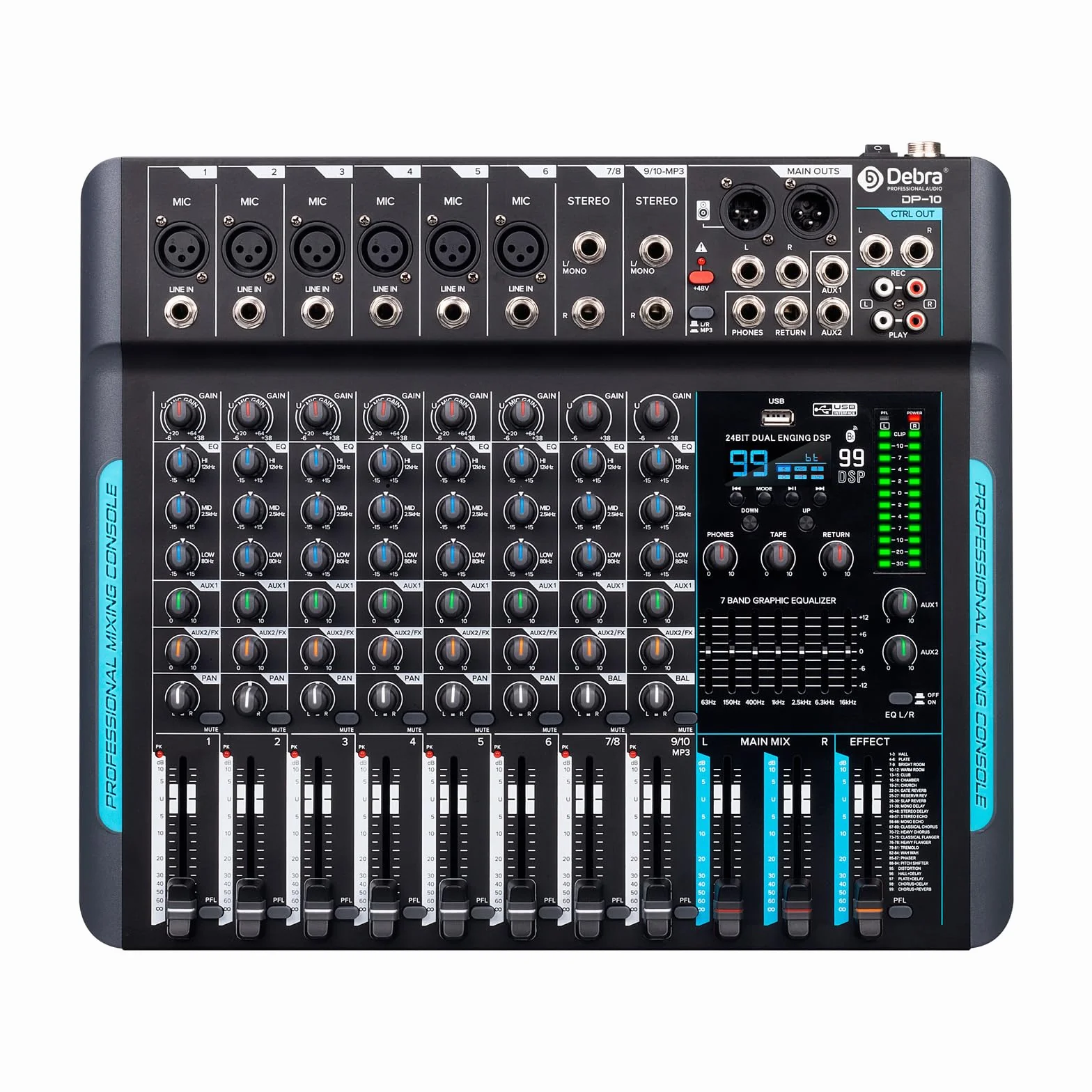 Mixeur DJ 10 Canaux avec Effets Numériques DSP 99, USB, Alimentation Fantôme 48V DP-10
