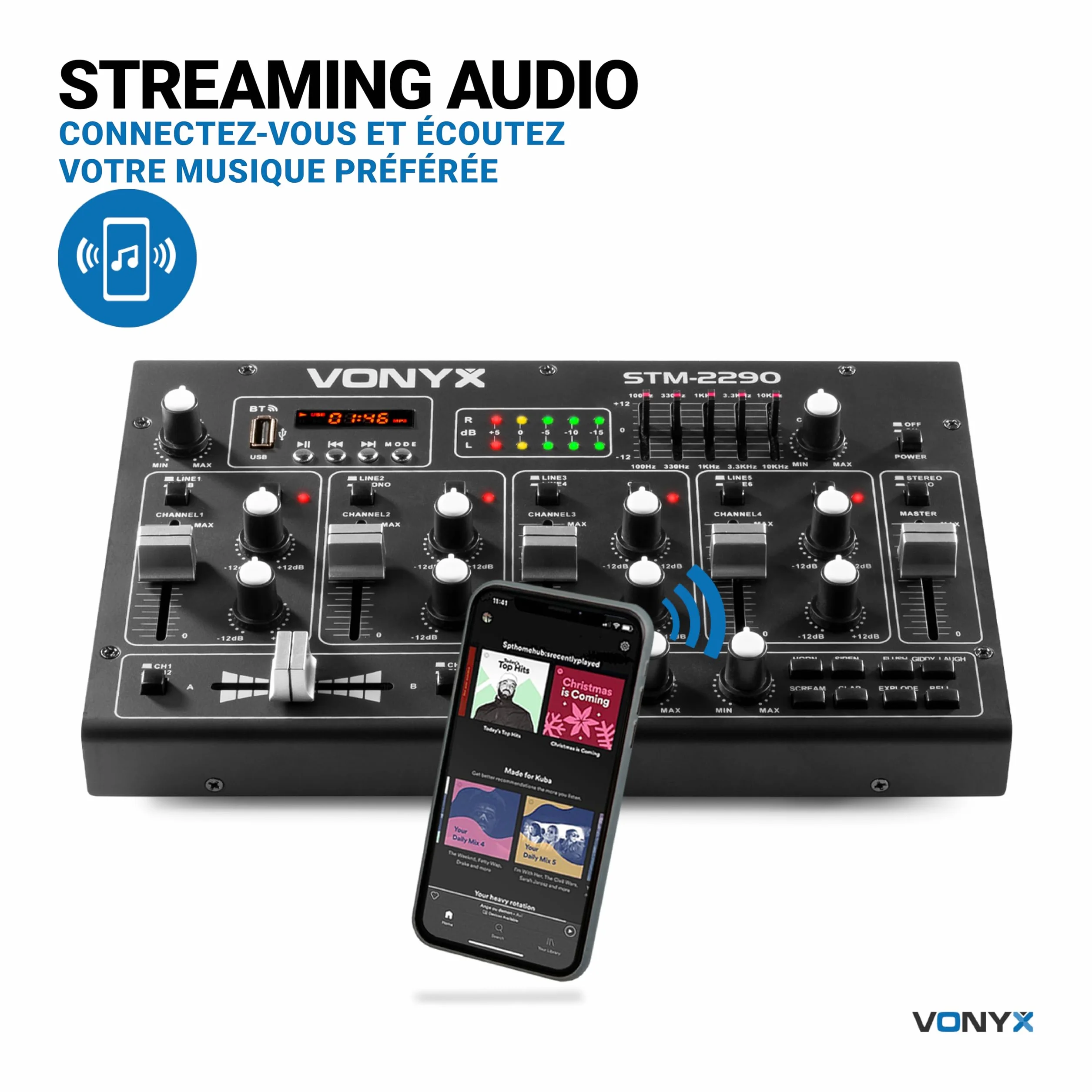 Vonyx STM2290 Table de Mixage DJ 8 Canaux Bluetooth USB Entrée Micro Sortie Casque