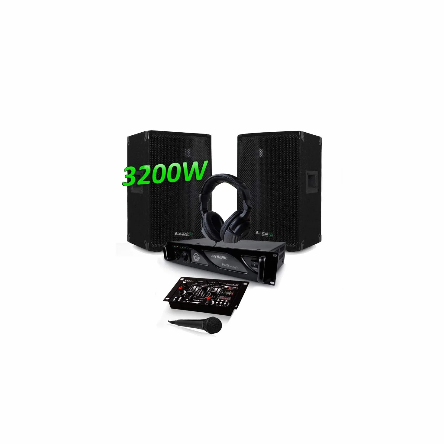 IBIZA SOUND DISCO12 Pack DJ SONO SET 3200W Enceintes + MyDj 2000W Amplificateur + Table de Mixage DJ21 USB + CASQUE + CABLES