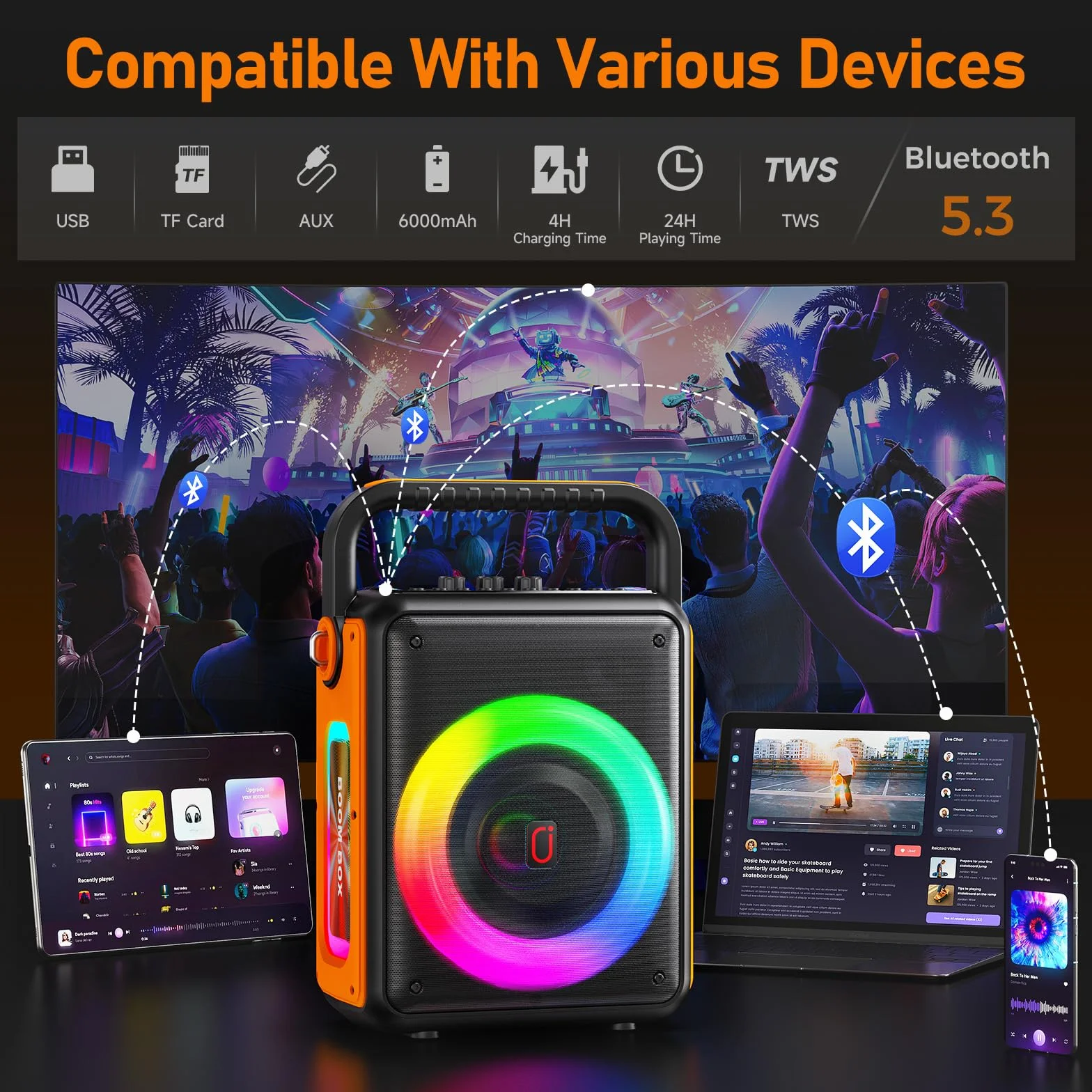 Machine de karaoké HWWR avec 2 microphones, haut-parleur Bluetooth portable, lumières LED, TWS/Rec/AUX/USB/TF
