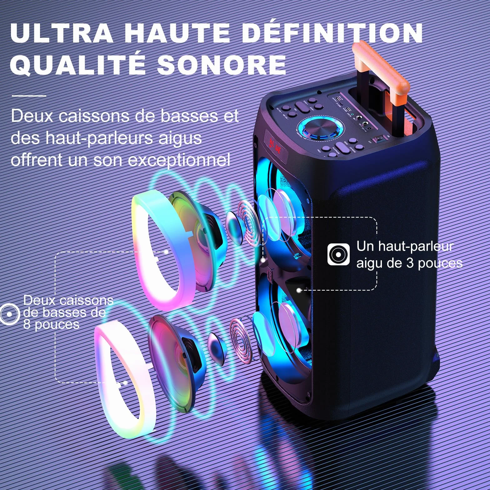 Enceinte Bluetooth 5.3 500W avec Subwoofer 8" et 2 Micros sans Fil, Système PA avec Lumières DJ pour Fêtes
