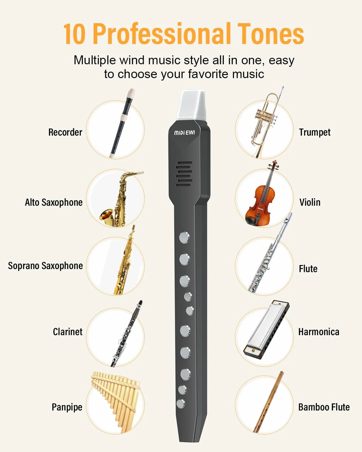 EWI Instrument à vent numérique Noir Bluetooth MIDI 10 tonalités portable