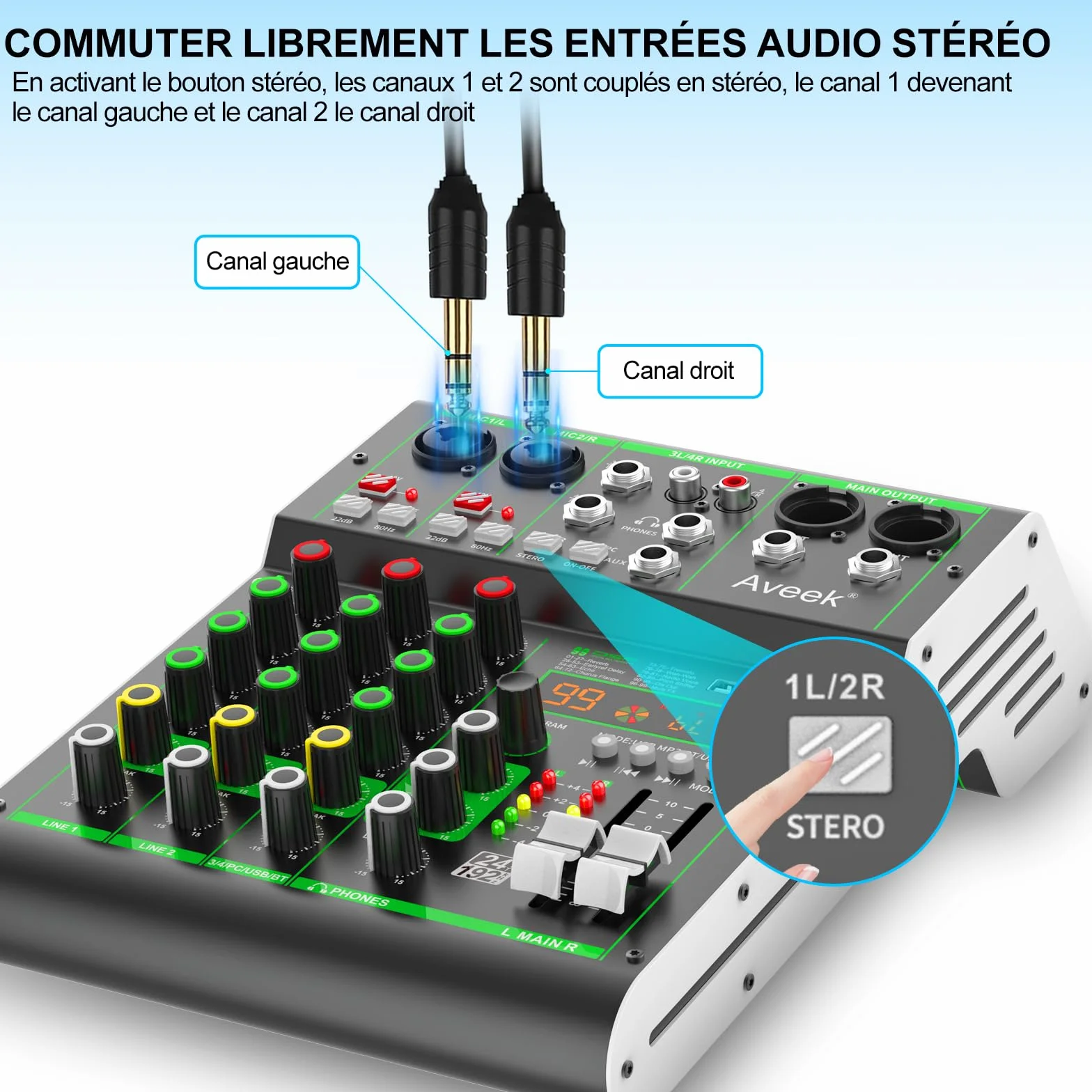 Aveek Table de Mixage Professionnelle 4 Canaux USB Bluetooth 48V Phantom Power 99 DSP Effect