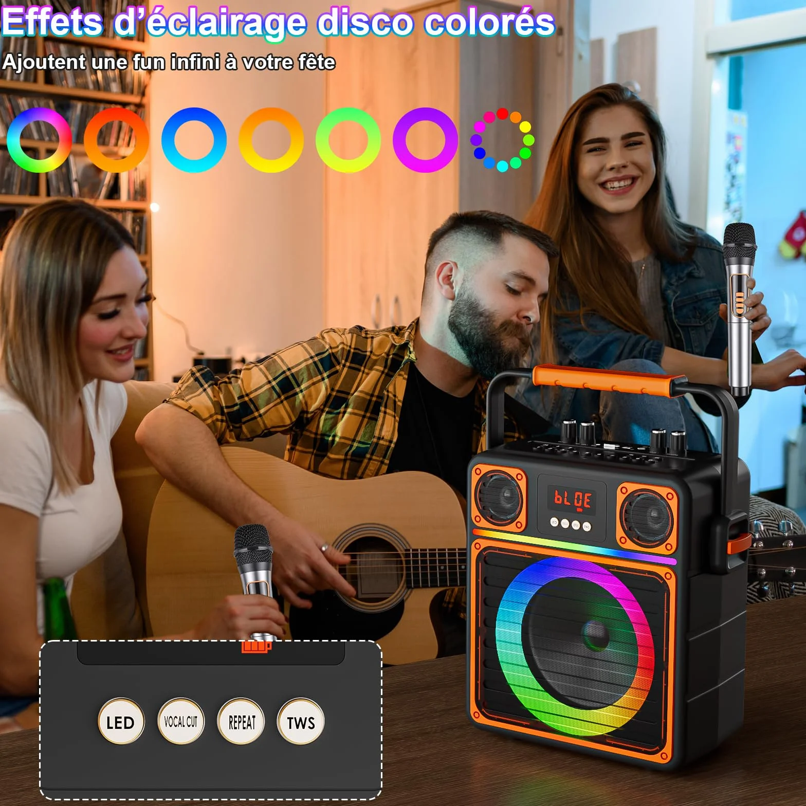 Machine de Karaoké Bluetooth Portable avec 2 Microphones Sans Fil, Haut-Parleur avec Lumières Disco, Supporte TWS/FM/AUX/USB/TF