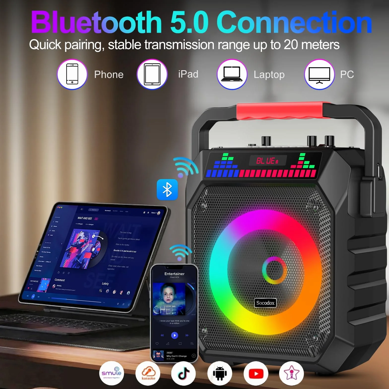 Enceinte Bluetooth Portable Karaoké avec 2 Microphones sans Fil, Lumières RGB, Système PA, USB/TF/AUX