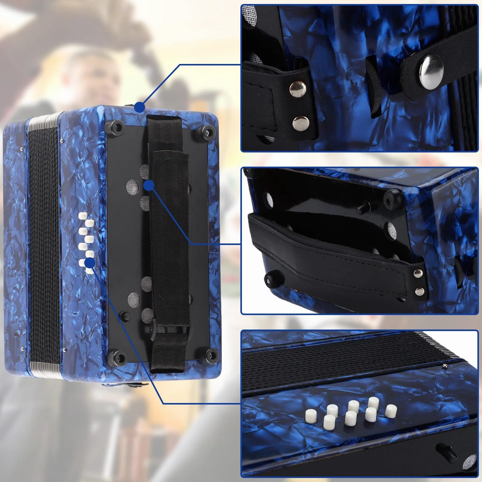 Accordéon Professionnel 8 Basses ABS Bois Massif Soufflet Cuir Vachette Instrument de Musique