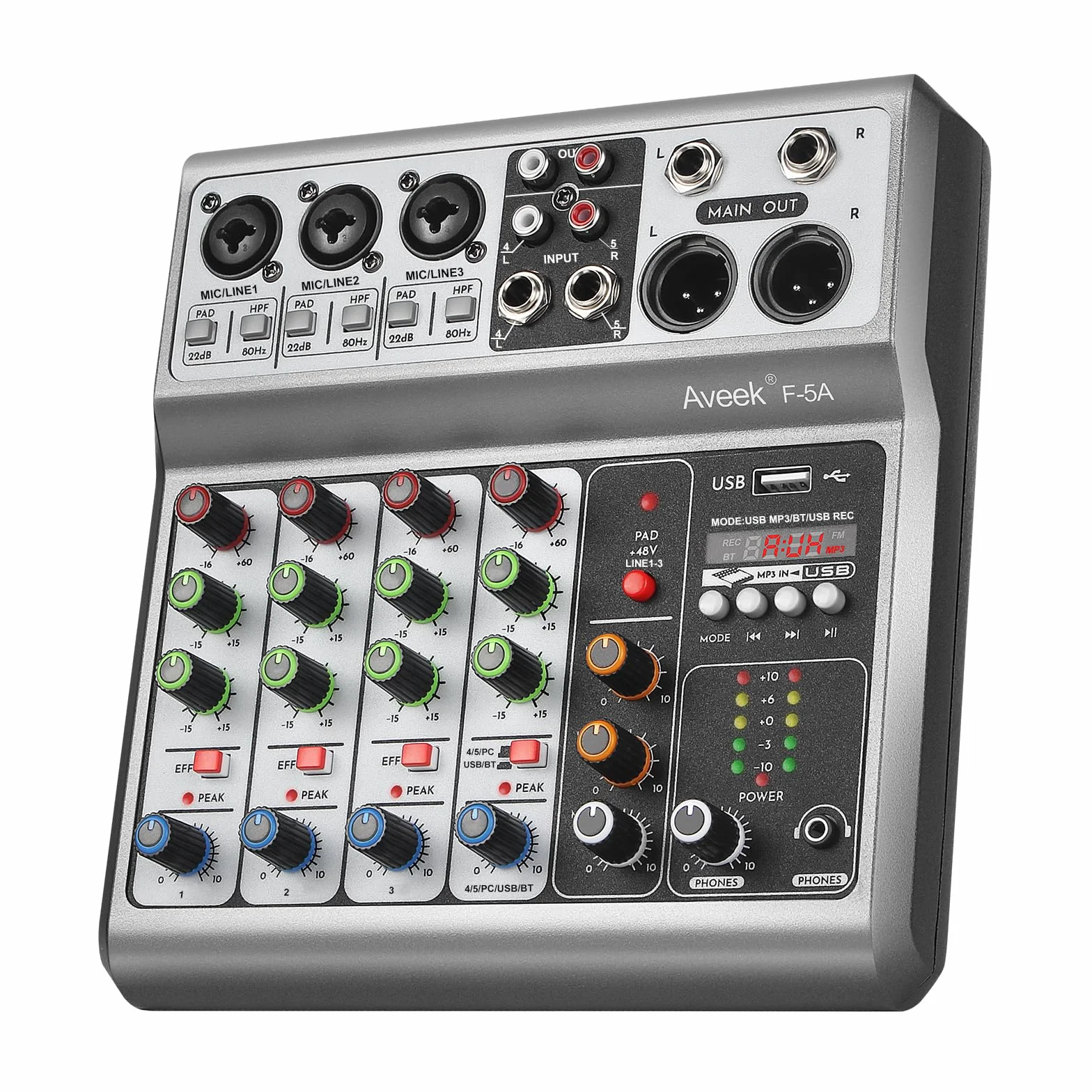 Aveek Console de mixage sonore 5 canaux USB Bluetooth Effets Réverbération delay Alimentation Fantôme 48V Mixeur DJ Stéréo