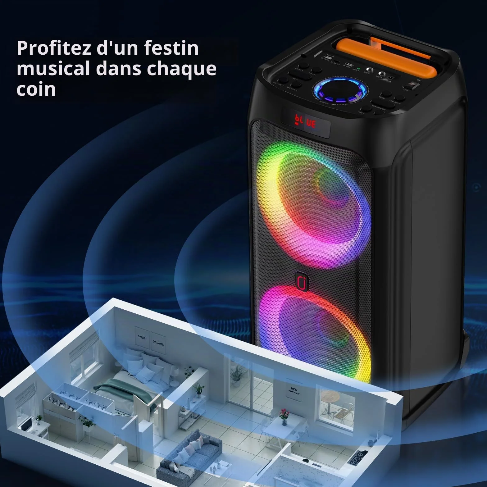 Enceinte Bluetooth 5.3 500W avec Subwoofer 8" et 2 Micros sans Fil, Système PA avec Lumières DJ pour Fêtes