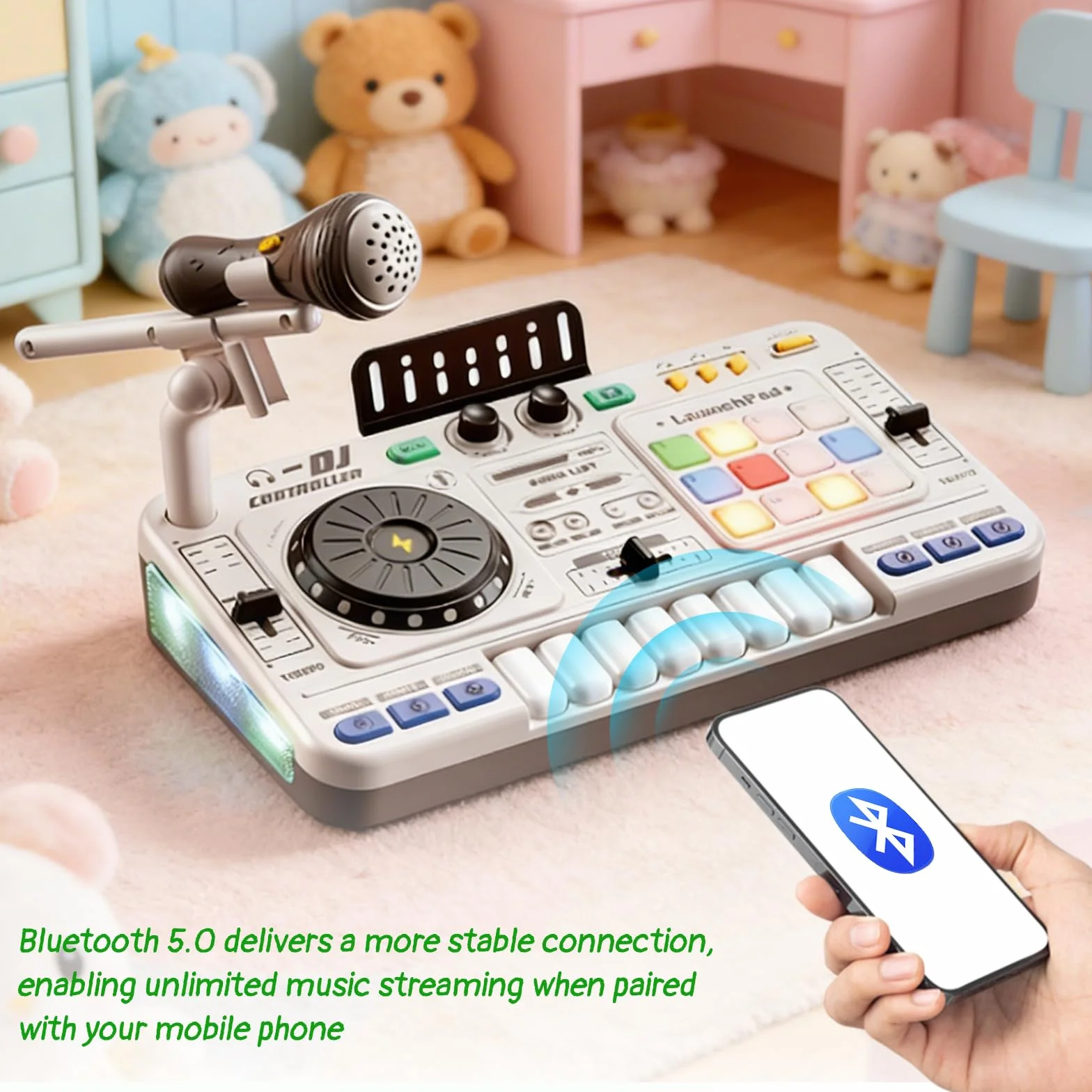 Table de Mixage DJ Enfants avec Microphone, Effets Lumière, Bluetooth, Jouet Musical Interactif