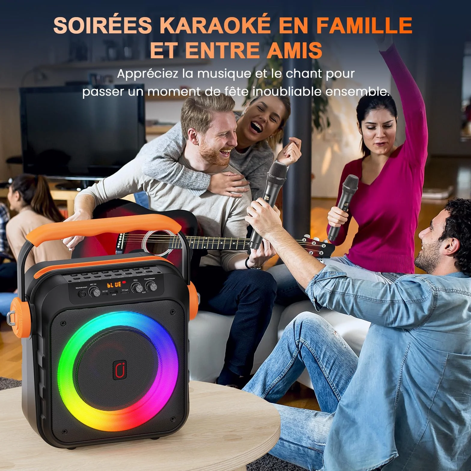 JYX Enceinte Karaoke 80W 2 Micros sans Fil Subwoofer 6,8'' Batterie 6500mAh Lumières LED