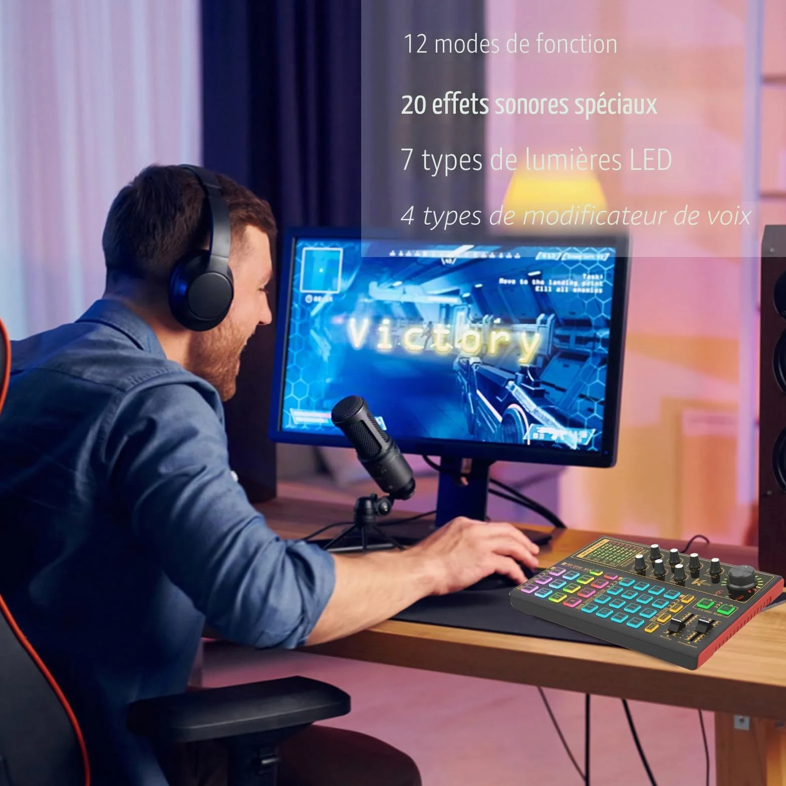 Docooler K300 Carte son DJ avec effets de mixage, modificateur de voix et lumière LED pour streaming