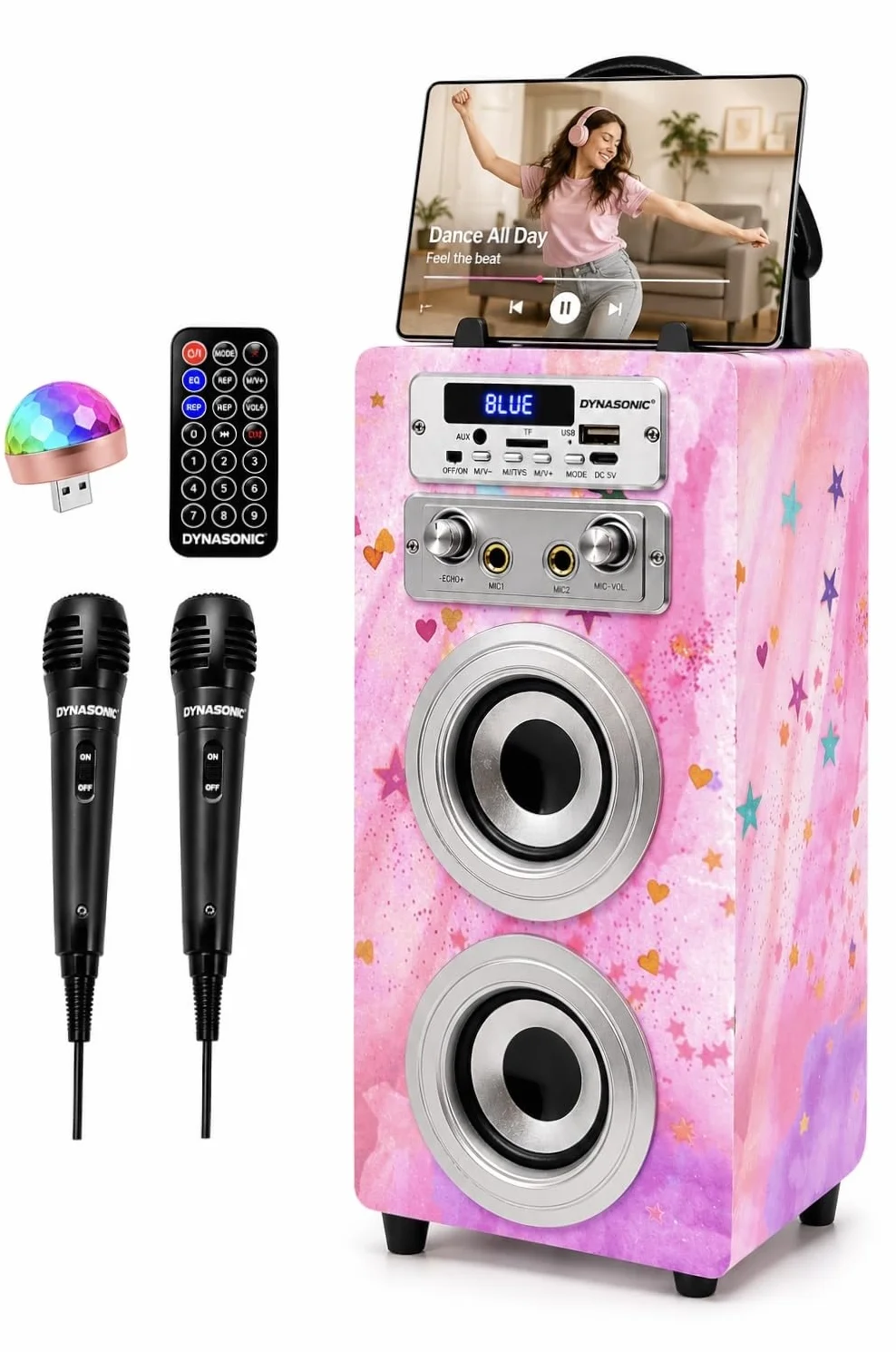 Dynasonic Machine Karaoké Portable Bluetooth 2 Microphones USB SD AUX Lumières LED Batterie Rechargeable