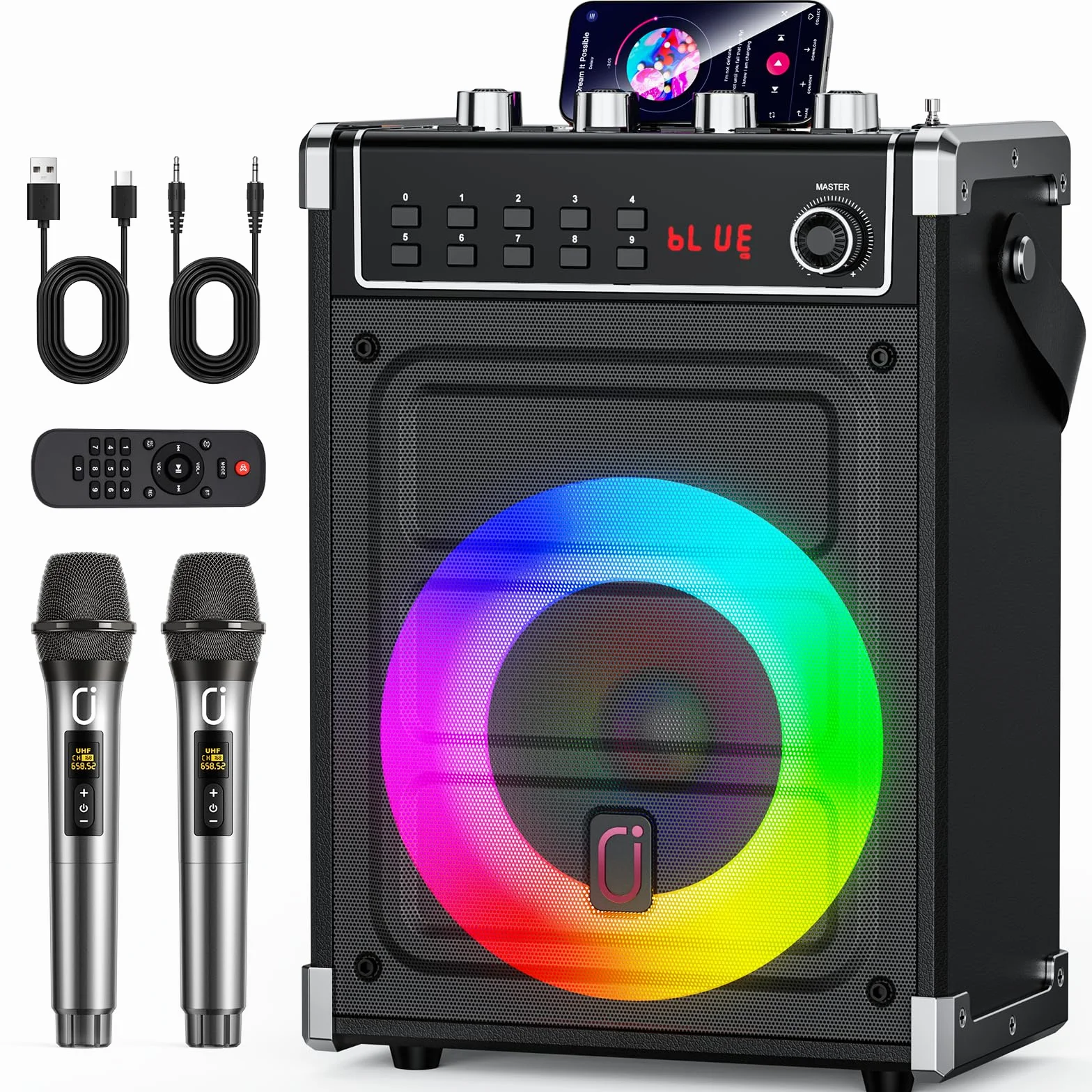 JYX Machine Karaoke Adulte 380W Enceintes Professionnelles avec 2 Micro sans Fil et Lumières Fête DJ Système Portable Noir