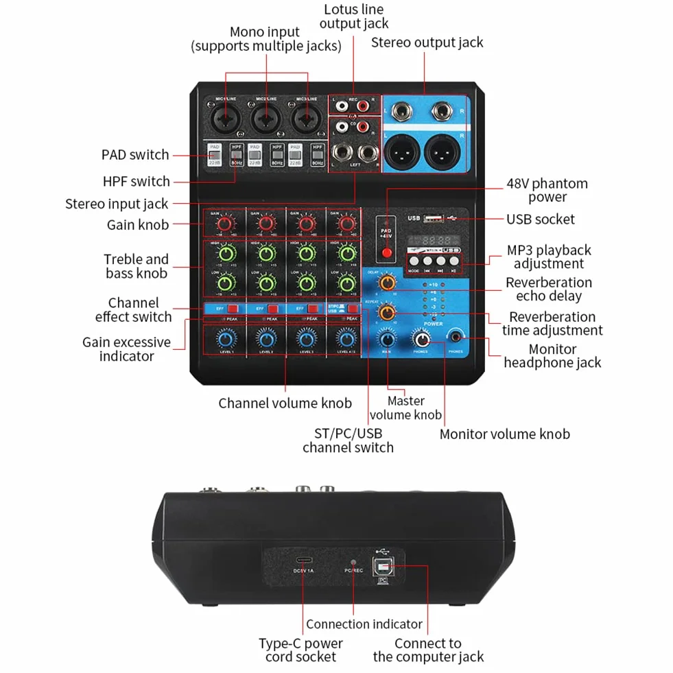 Table de Mixage USB 48V Fantôme 5 Canaux Audio Professionnel PC EQ Karaoke