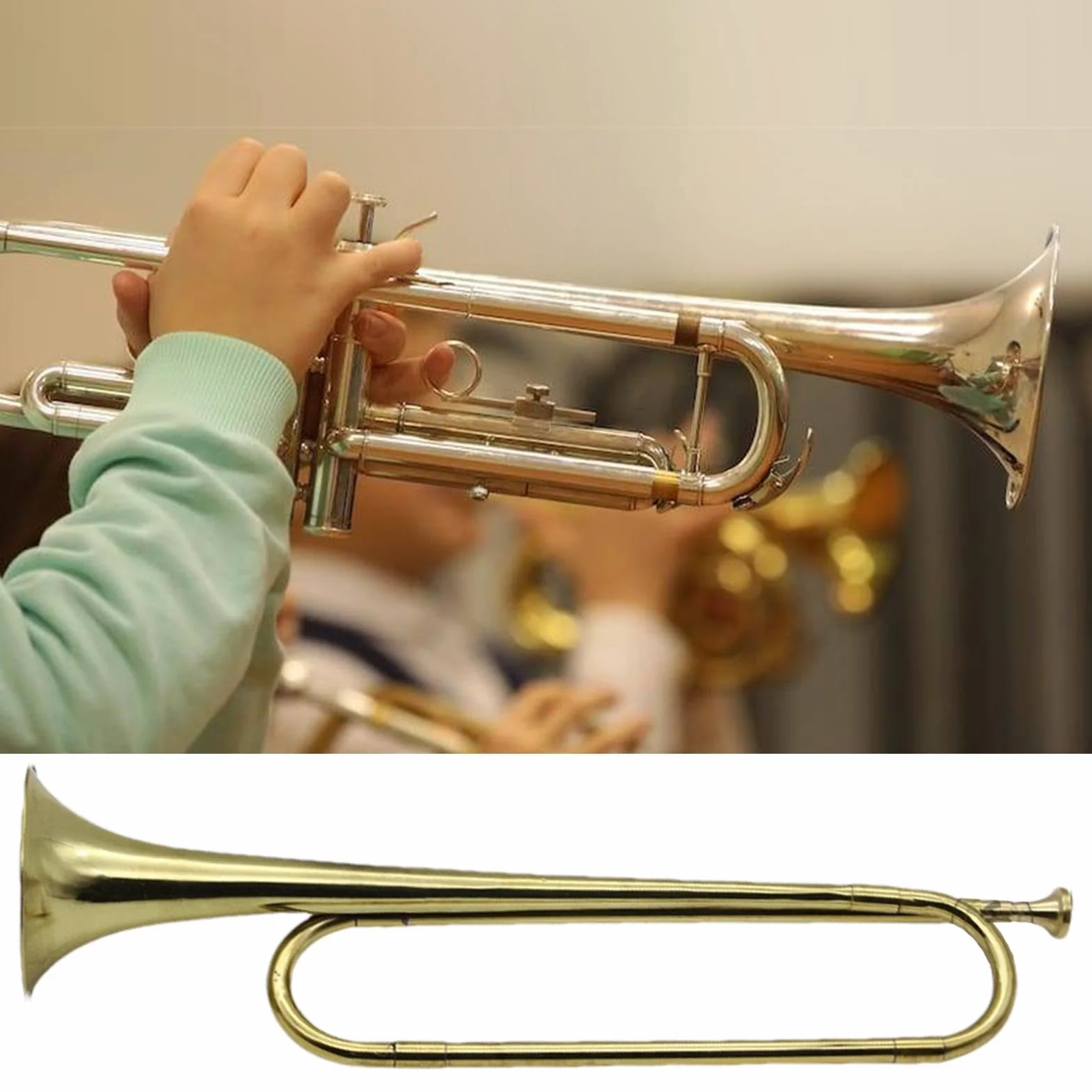 Trompette de cavalerie en laiton plaqué or, clairon portable standard B