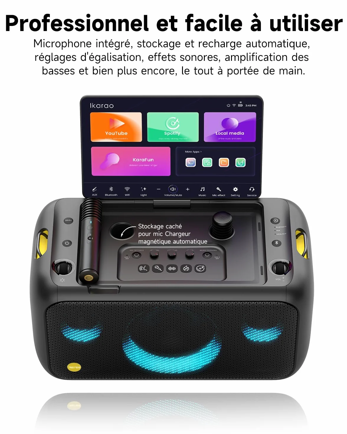 Ikarao Break X1 Machine de Karaoké avec Écran Tactile 13,3", Enceinte Bluetooth 800W, 2 Micros sans Fil et Éclairage LED