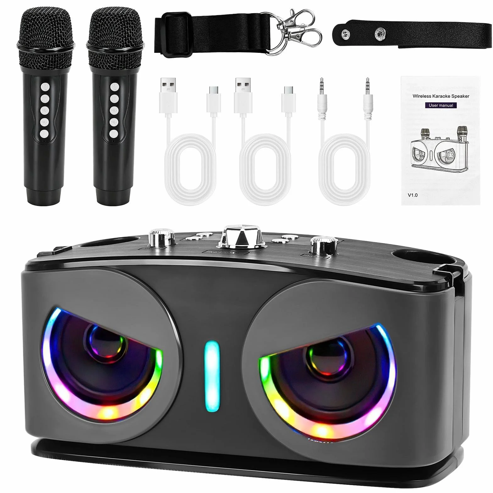 Machine de Karaoké Bluetooth Portable avec 2 Microphones sans Fil, Lumières Disco, Supporte TV/USB/AUX/TF/FM