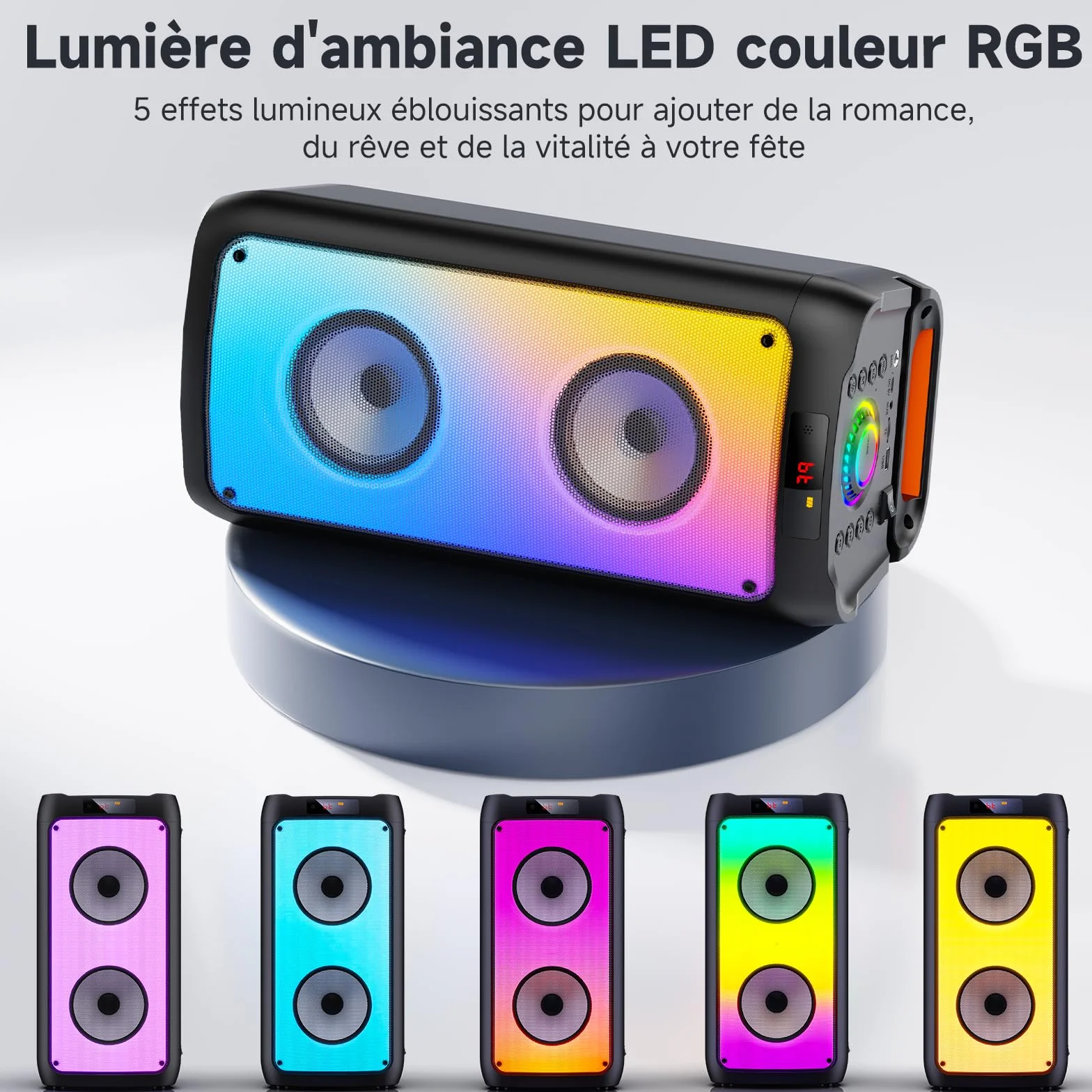 Enceinte Karaoké Bluetooth 5.3 150W avec 2 Micros sans Fil, Support Tablette et Lumière RVB, Noir