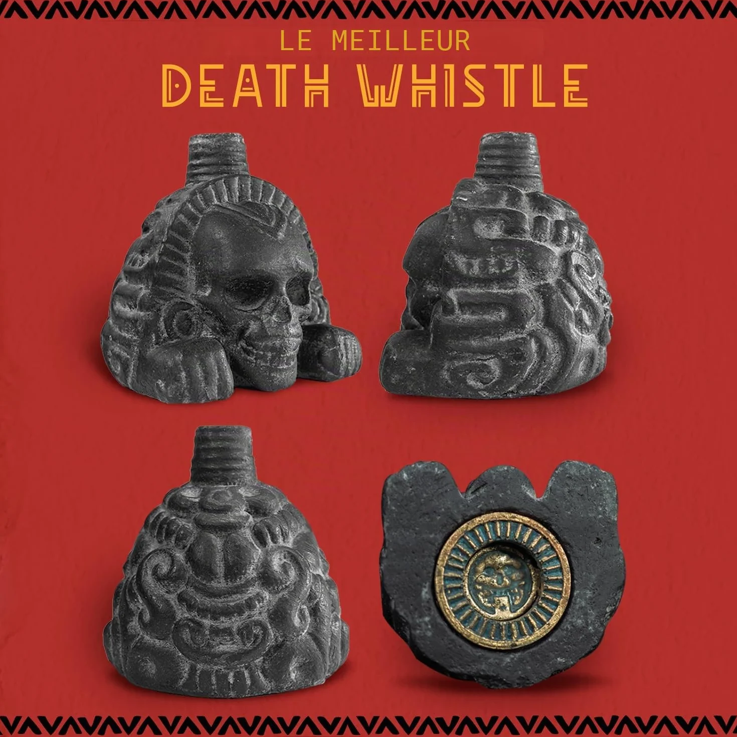 Sifflet de la mort aztèque hurlant noir obsidienne