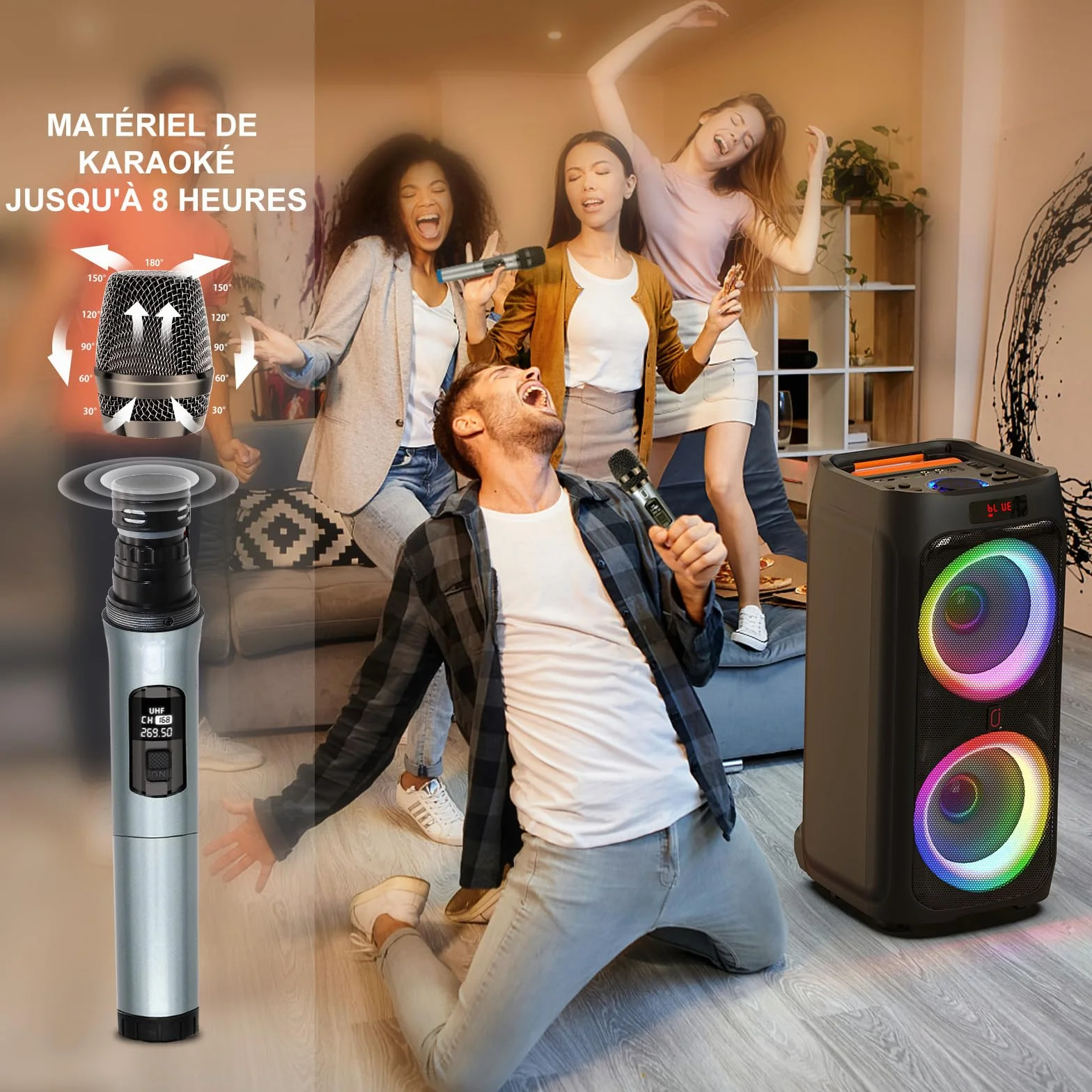 Enceinte Bluetooth 5.3 500W avec Subwoofer 8" et 2 Micros sans Fil, Système PA avec Lumières DJ pour Fêtes