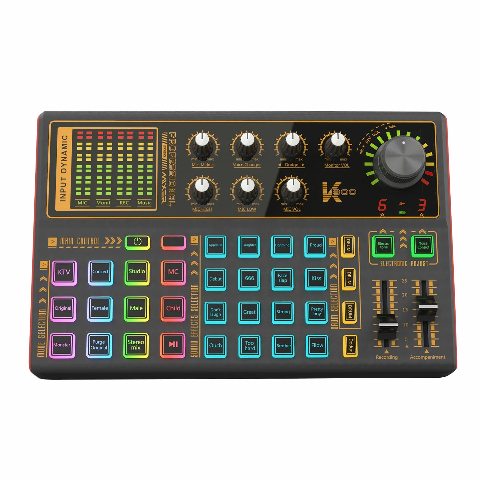 Docooler K300 Carte son DJ avec effets de mixage, modificateur de voix et lumière LED pour streaming