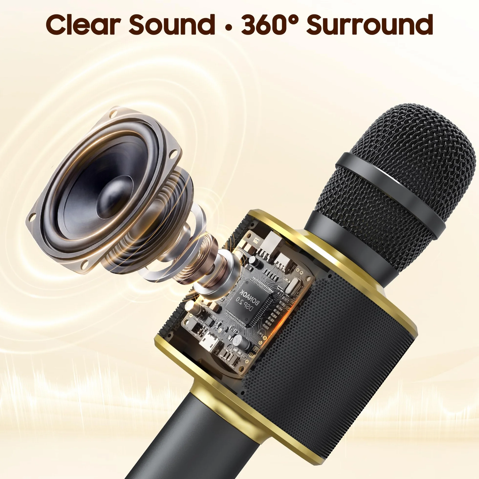 BONAOK Microphone sans Fil Karaoké Bluetooth Lecteur Enregistreur Mini Noir