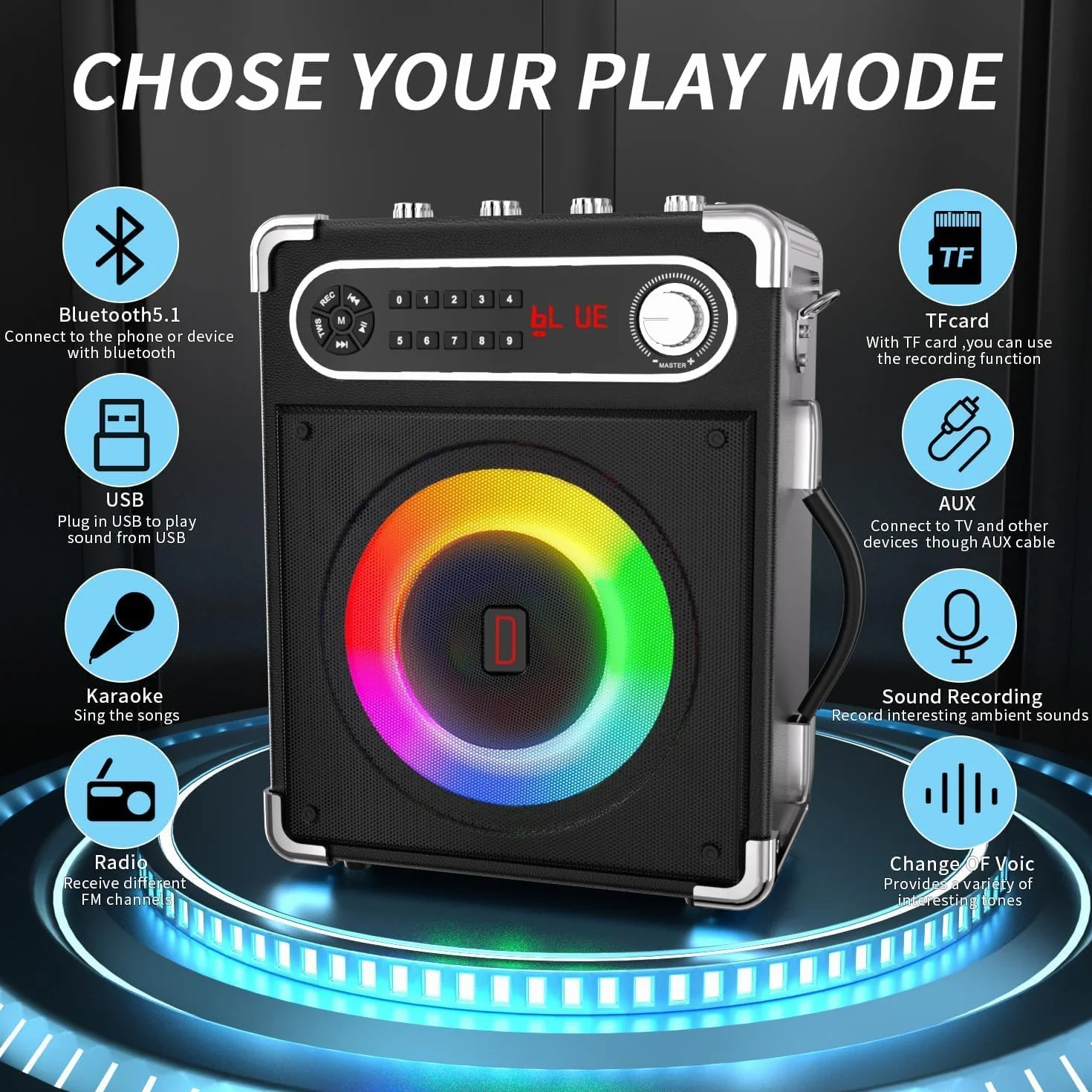 Karaoké avec 2 Microphones sans Fil, Enceinte Bluetooth 5.3 Portable avec Lumières LED, Système de Sonorisation