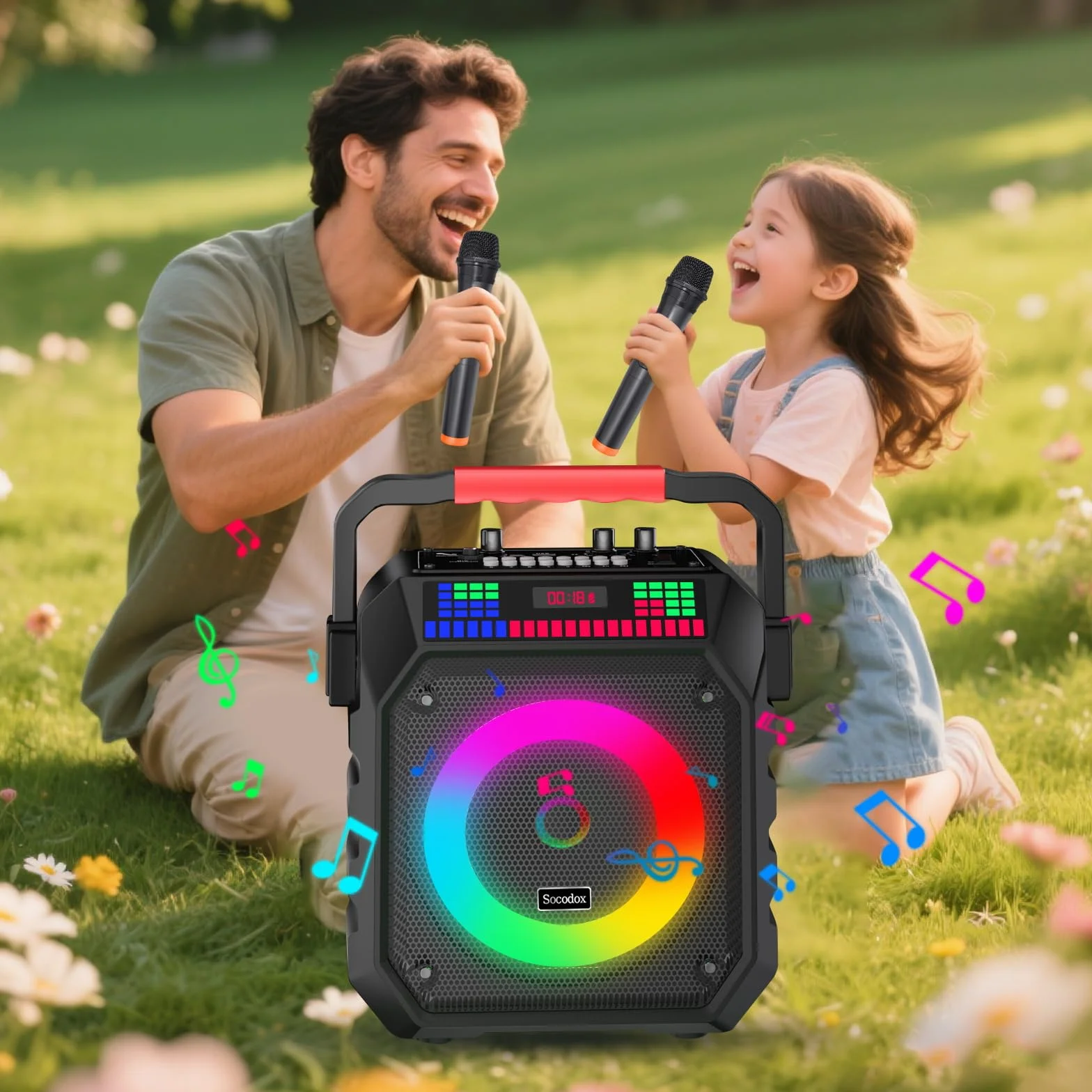 Enceinte Bluetooth Portable Karaoké avec 2 Microphones sans Fil, Lumières RGB, Système PA, USB/TF/AUX