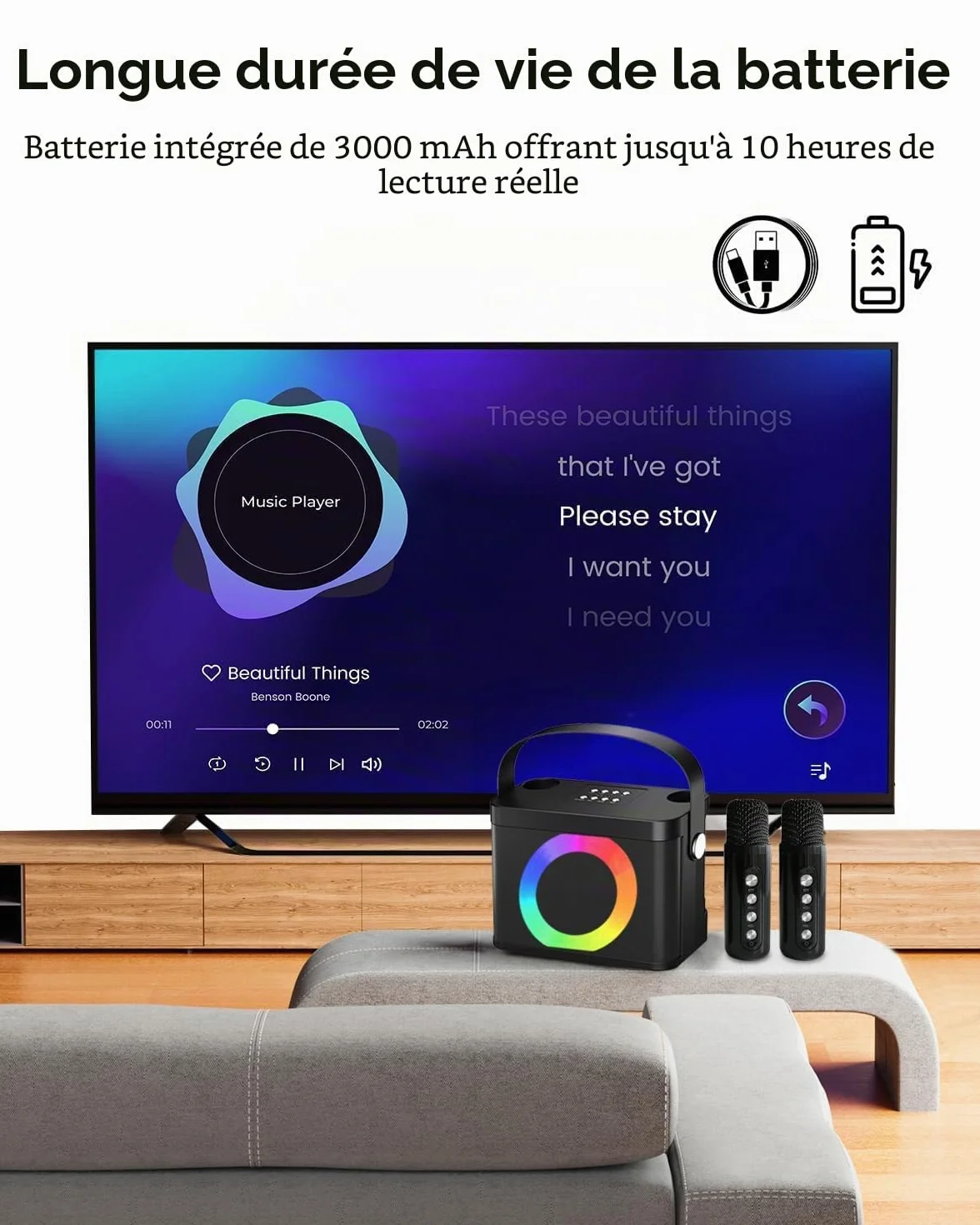 Enceinte Karaoké Professionnelle Adulte 2 Micros sans Fil Portable avec Lumières BT/AUX/USB/TF