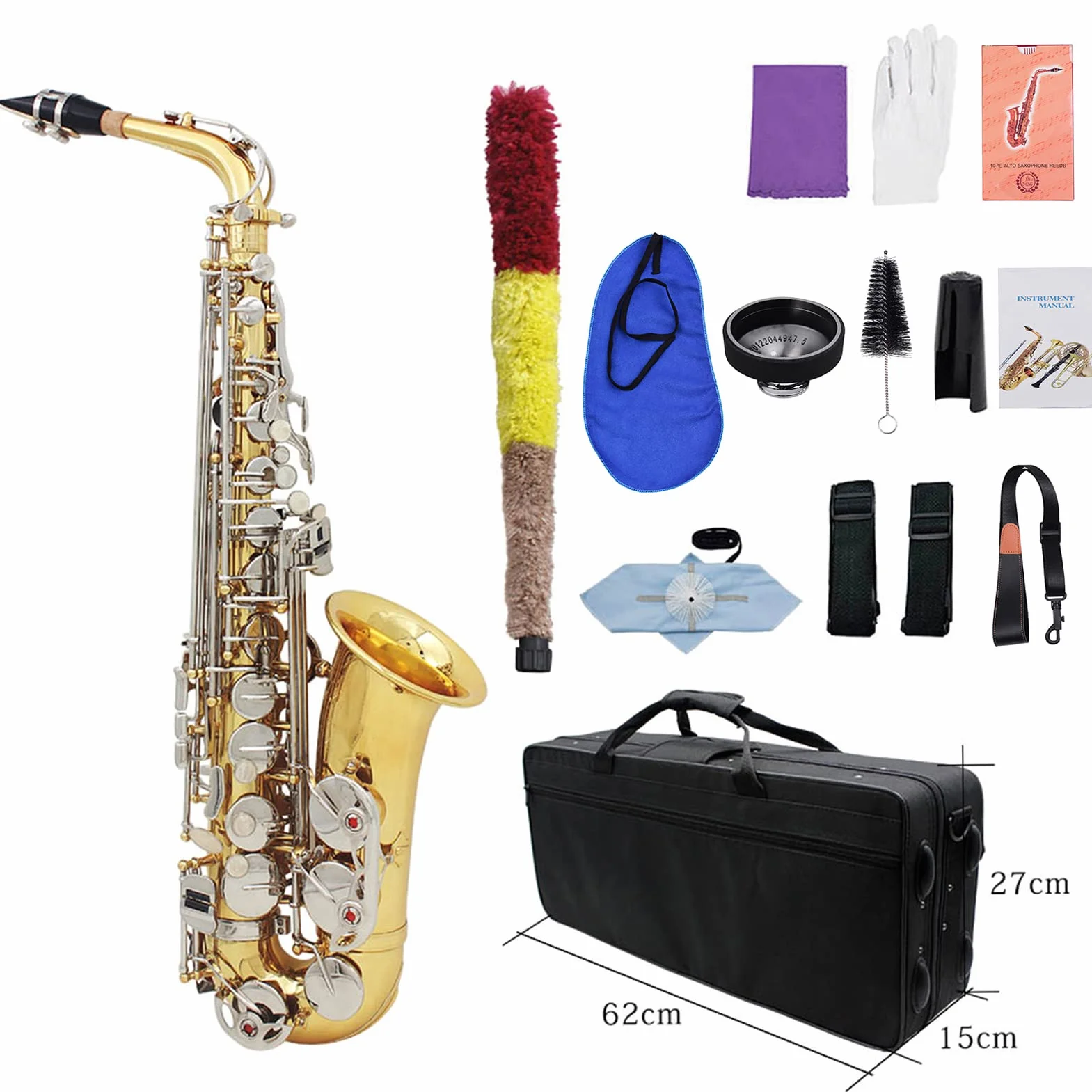 Saxophone alto en laiton brillant Mi bémol avec boutons en coquillage blancs naturels - étui, accessoires