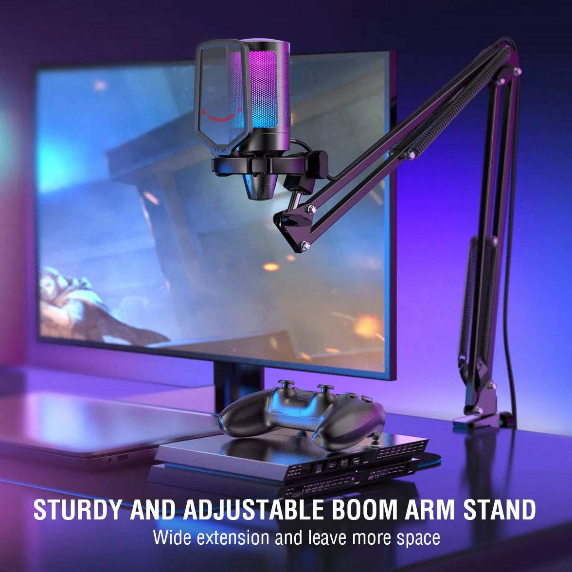FIFINE USB Micro Gaming avec Bras pour PC PS4 PS5, Condensateur Microphone Streaming Podcast Studio, Bouton Silence, Fixation Antichoc, Support Micro, Filtre Anti-Pop, RGB