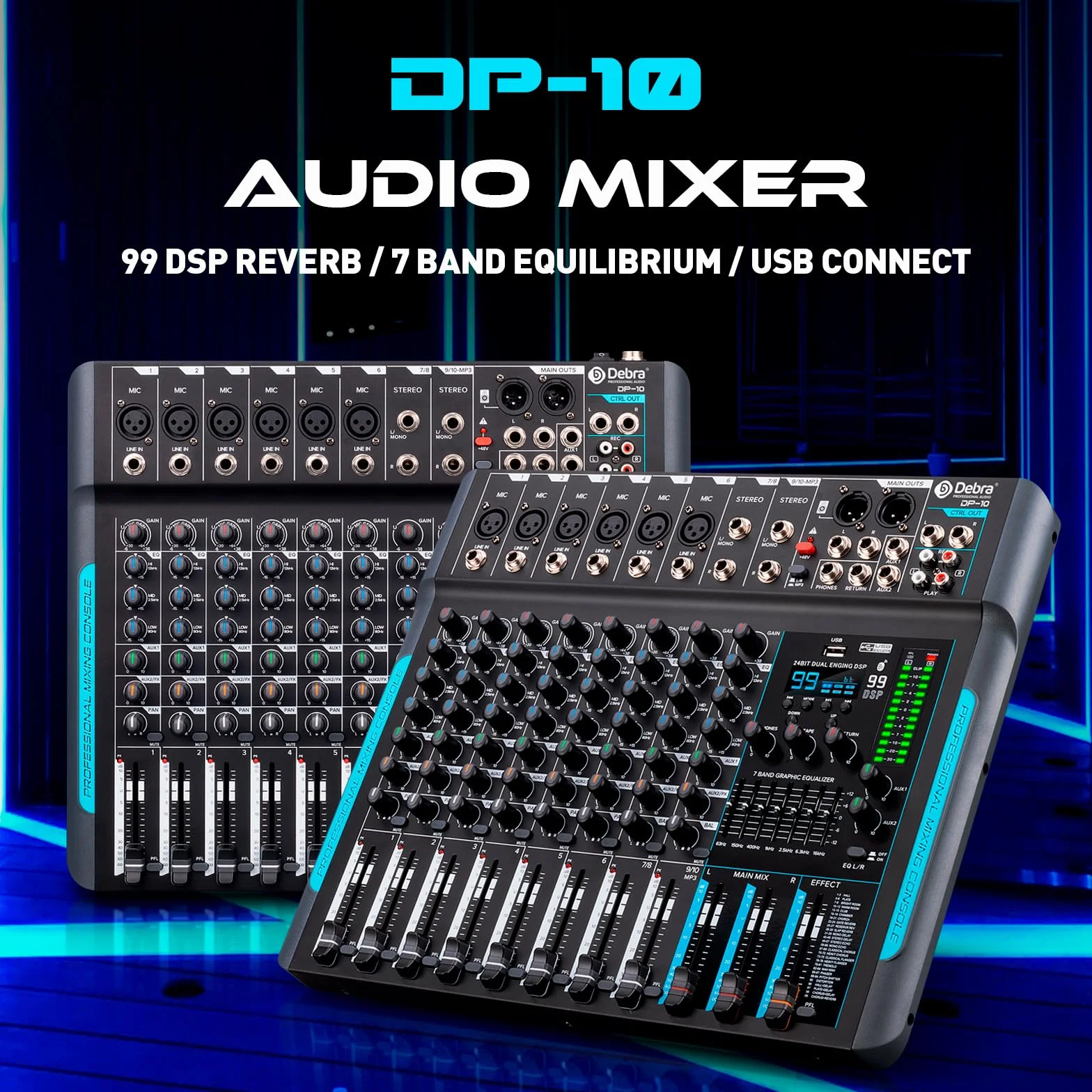 Mixeur DJ 10 Canaux avec Effets Numériques DSP 99, USB, Alimentation Fantôme 48V DP-10