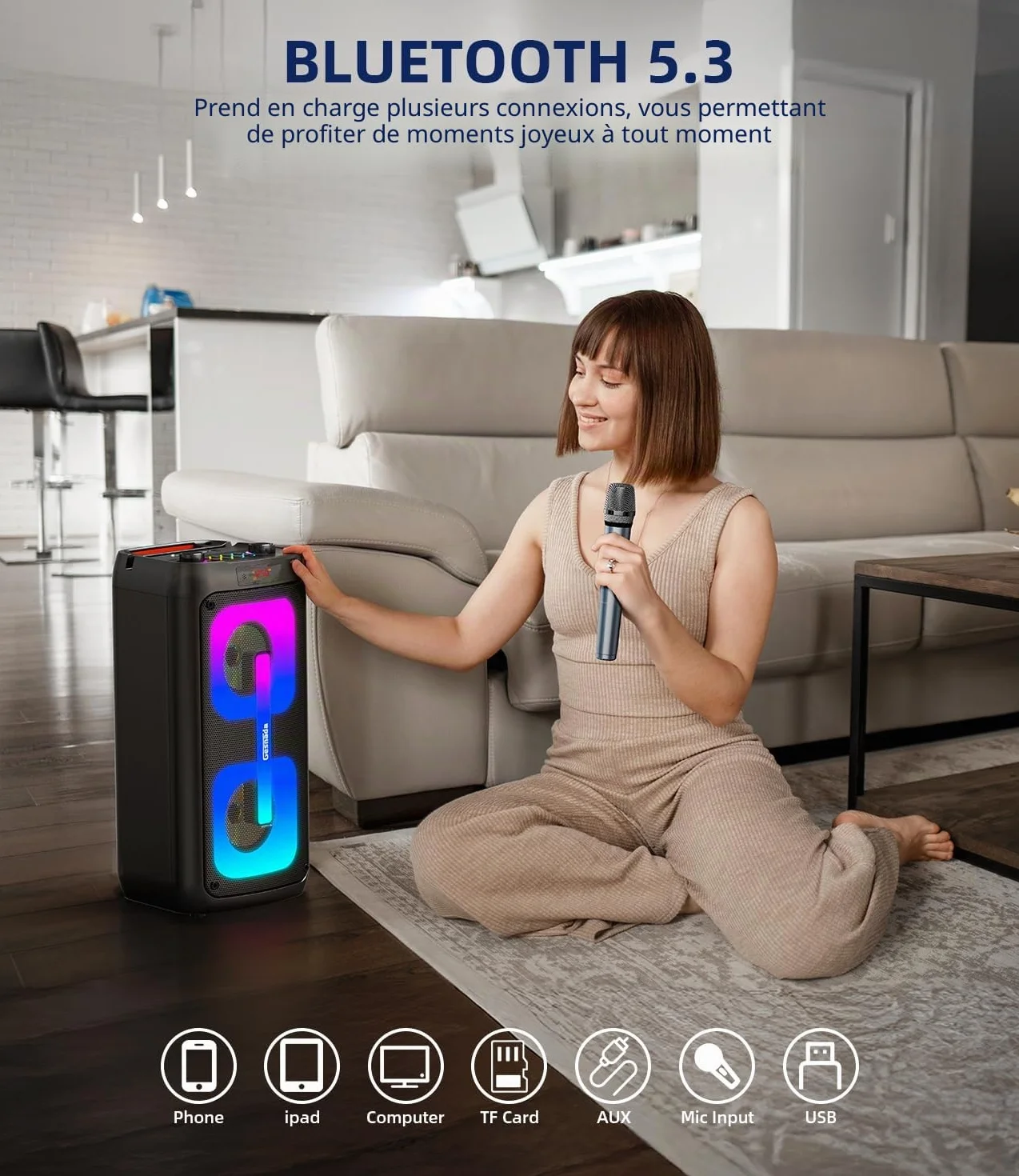 Machine de karaoké Bluetooth Professionnel avec 2 Microphones, Lumières LED, Support USB/TF/AUX/MIC/TWS