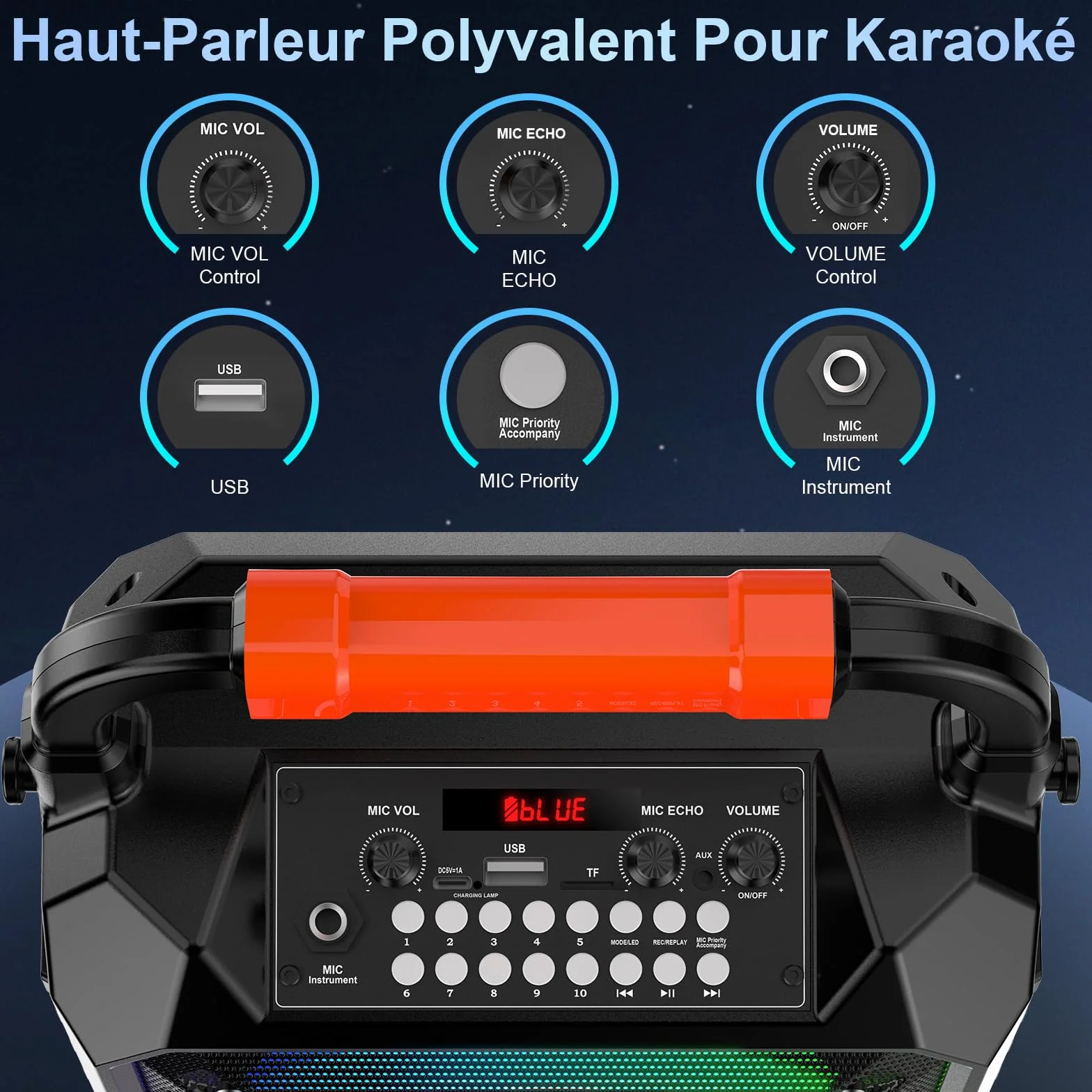 Machine de Karaoké 80W Enceinte Bluetooth 2 Micro sans Fil REC AUX USB TF Portable Fêtes