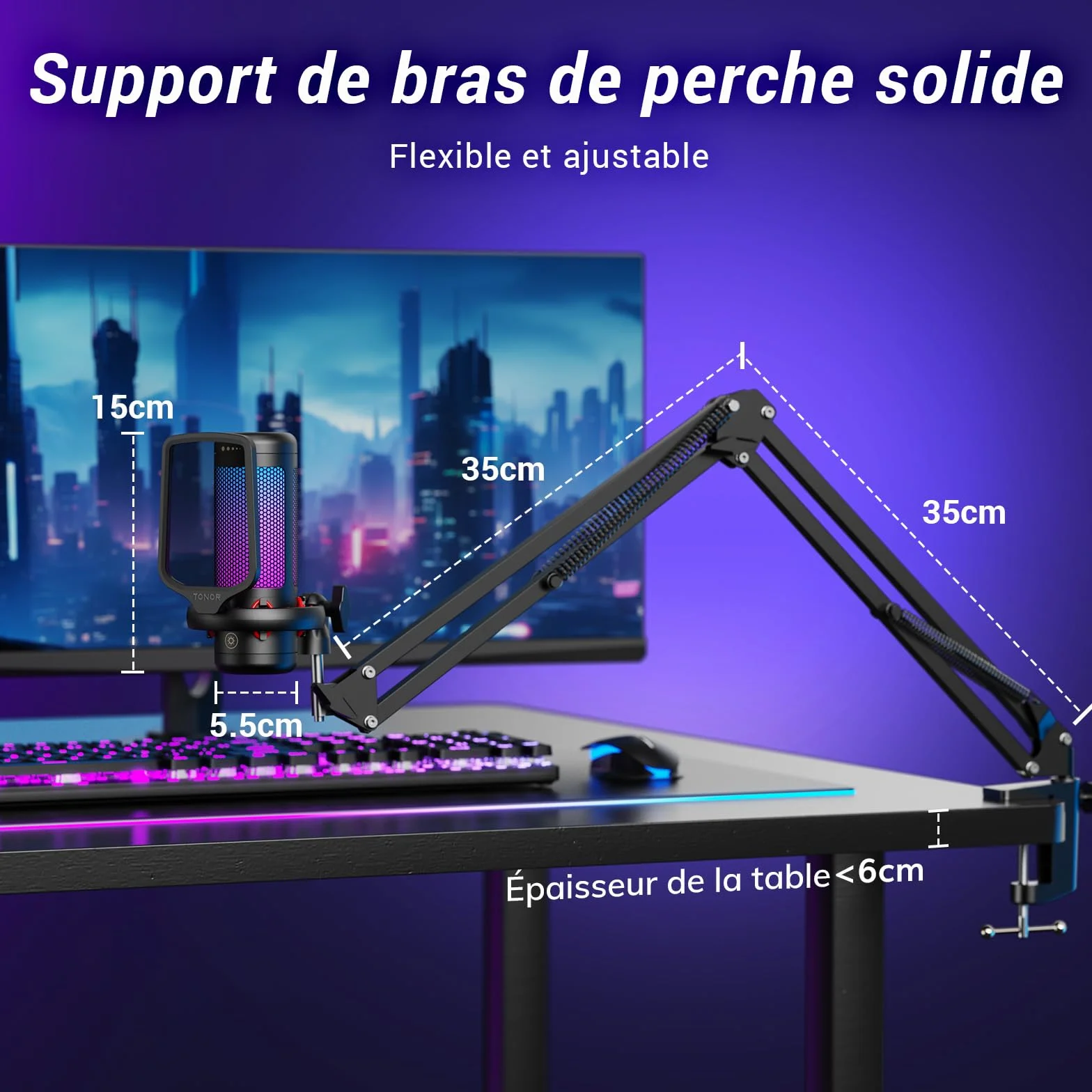 TONOR TC310+ Microphone USB RGB Condensateur Professionnel avec Support de Bras pour Streaming Enregistrement Jeux