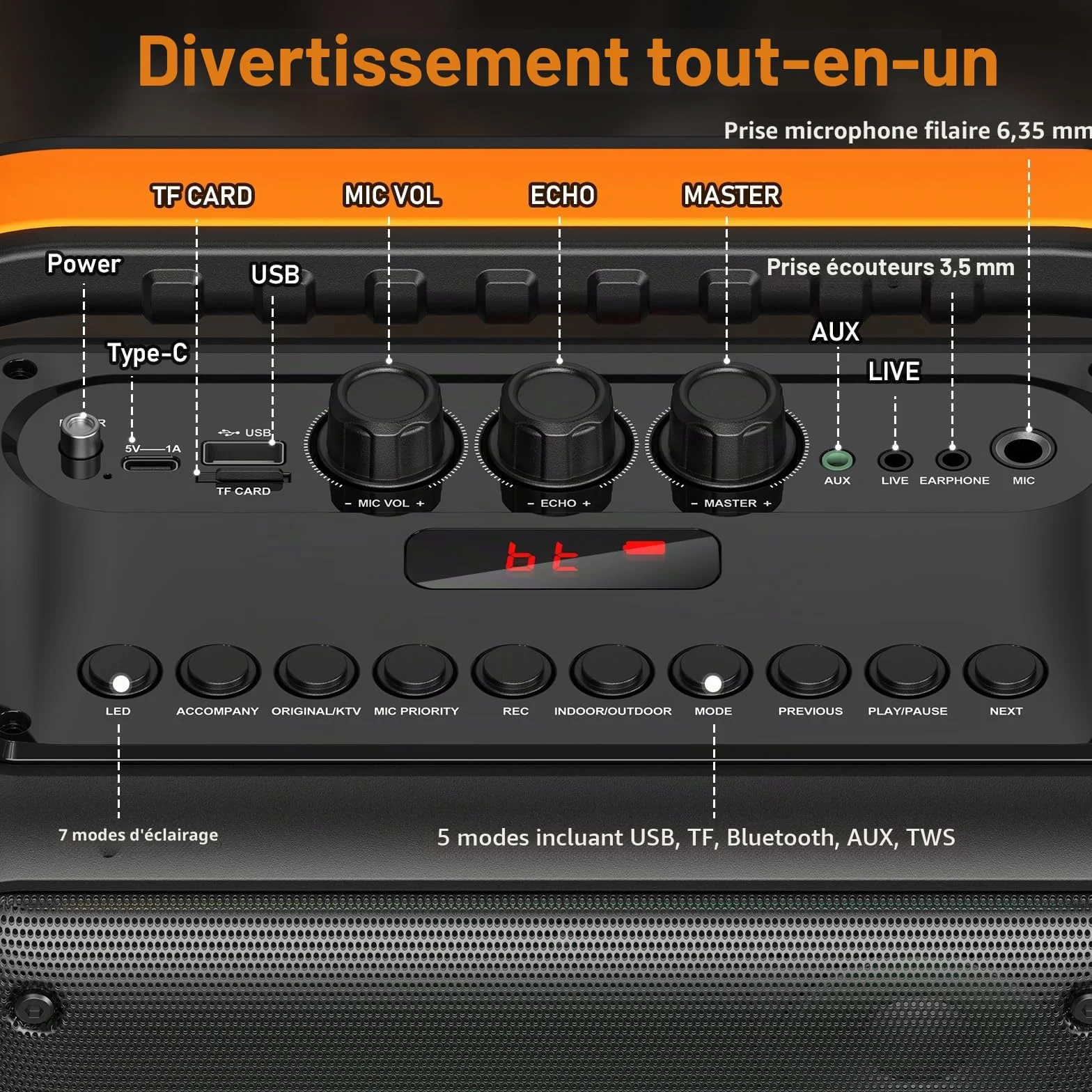 Machine de karaoké HWWR avec 2 microphones, haut-parleur Bluetooth portable, lumières LED, TWS/Rec/AUX/USB/TF