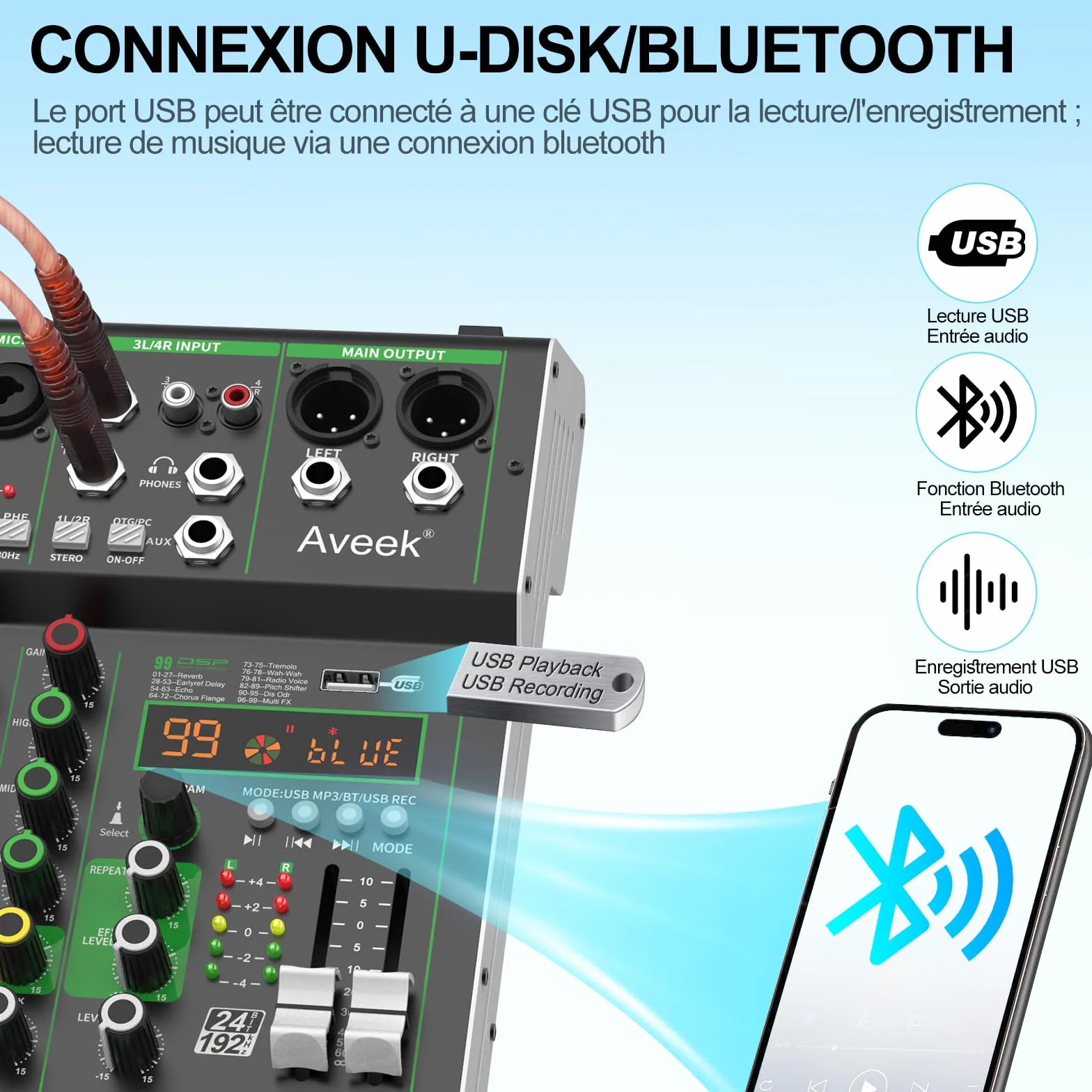 Aveek Table de Mixage Professionnelle 4 Canaux USB Bluetooth 48V Phantom Power 99 DSP Effect
