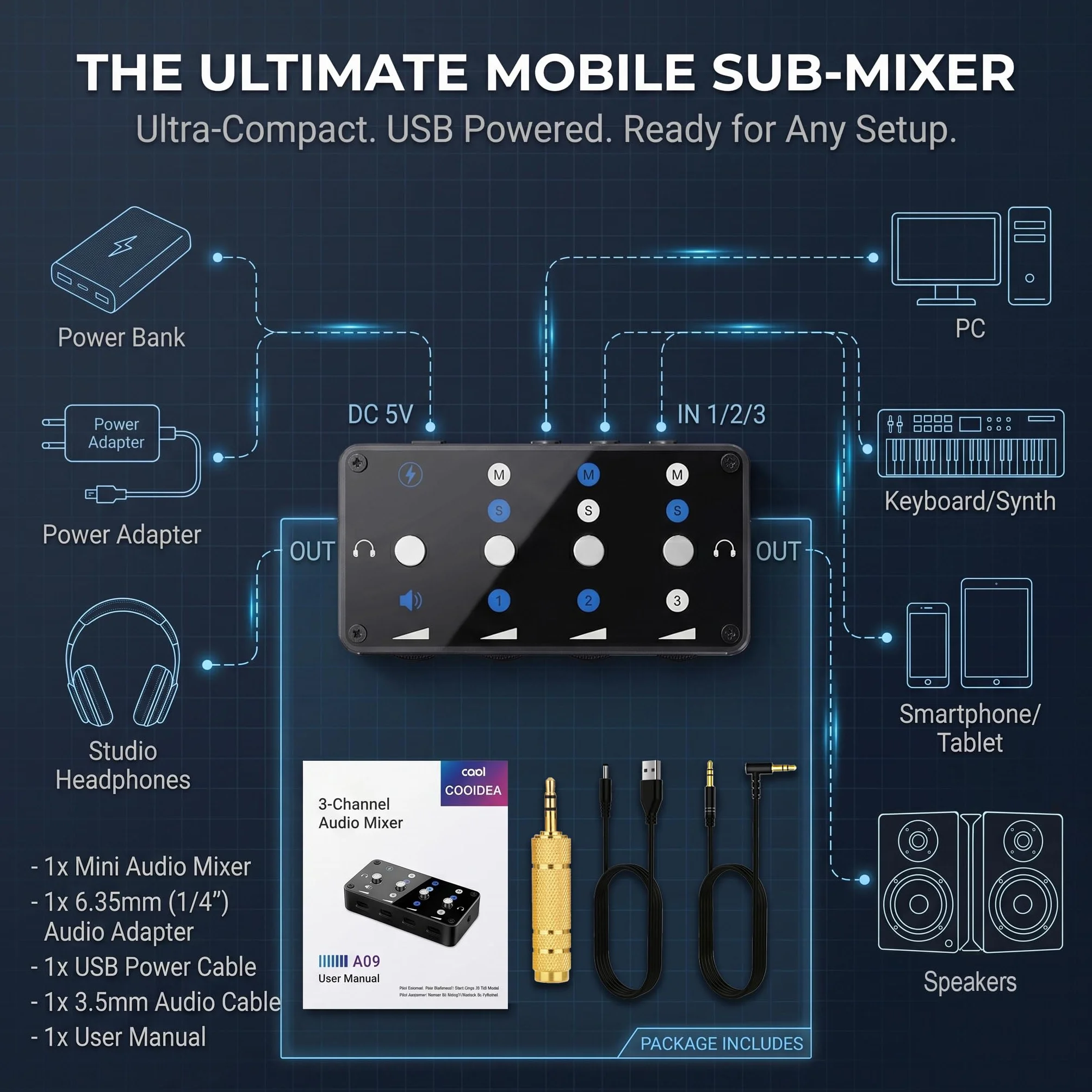 Cooidea Mini Table de Mixage 3 Canaux Mixeur Audio Portable avec Zéro Latence USB