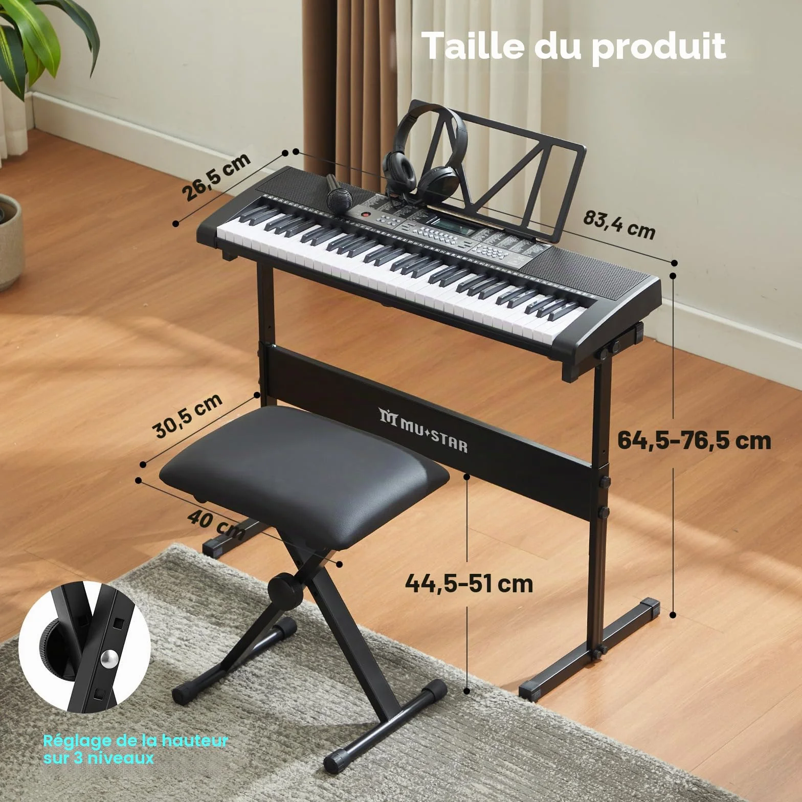 MUSTAR Piano à clavier lumineux 61 touches, clavier numérique pour débutants avec support, tabouret, casque (Noir)