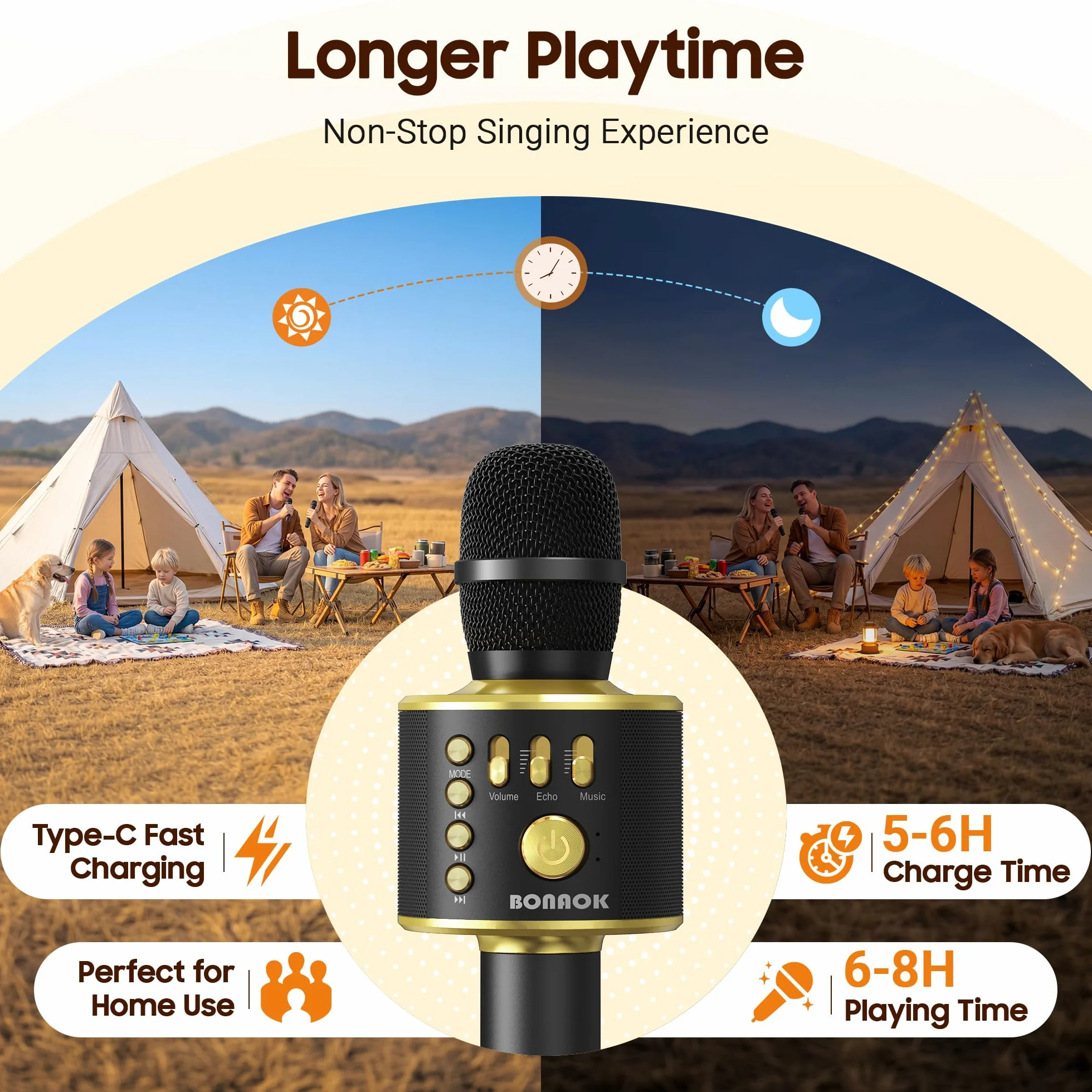 BONAOK Microphone sans Fil Karaoké Bluetooth Lecteur Enregistreur Mini Noir