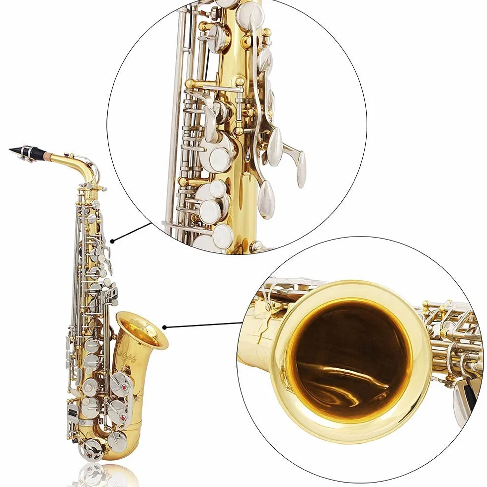 Saxophone alto en laiton brillant Mi bémol avec boutons en coquillage blancs naturels - étui, accessoires