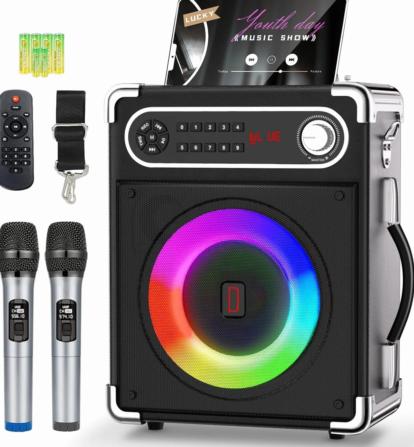 Karaoké avec 2 Microphones sans Fil, Enceinte Bluetooth 5.3 Portable avec Lumières LED, Système de Sonorisation