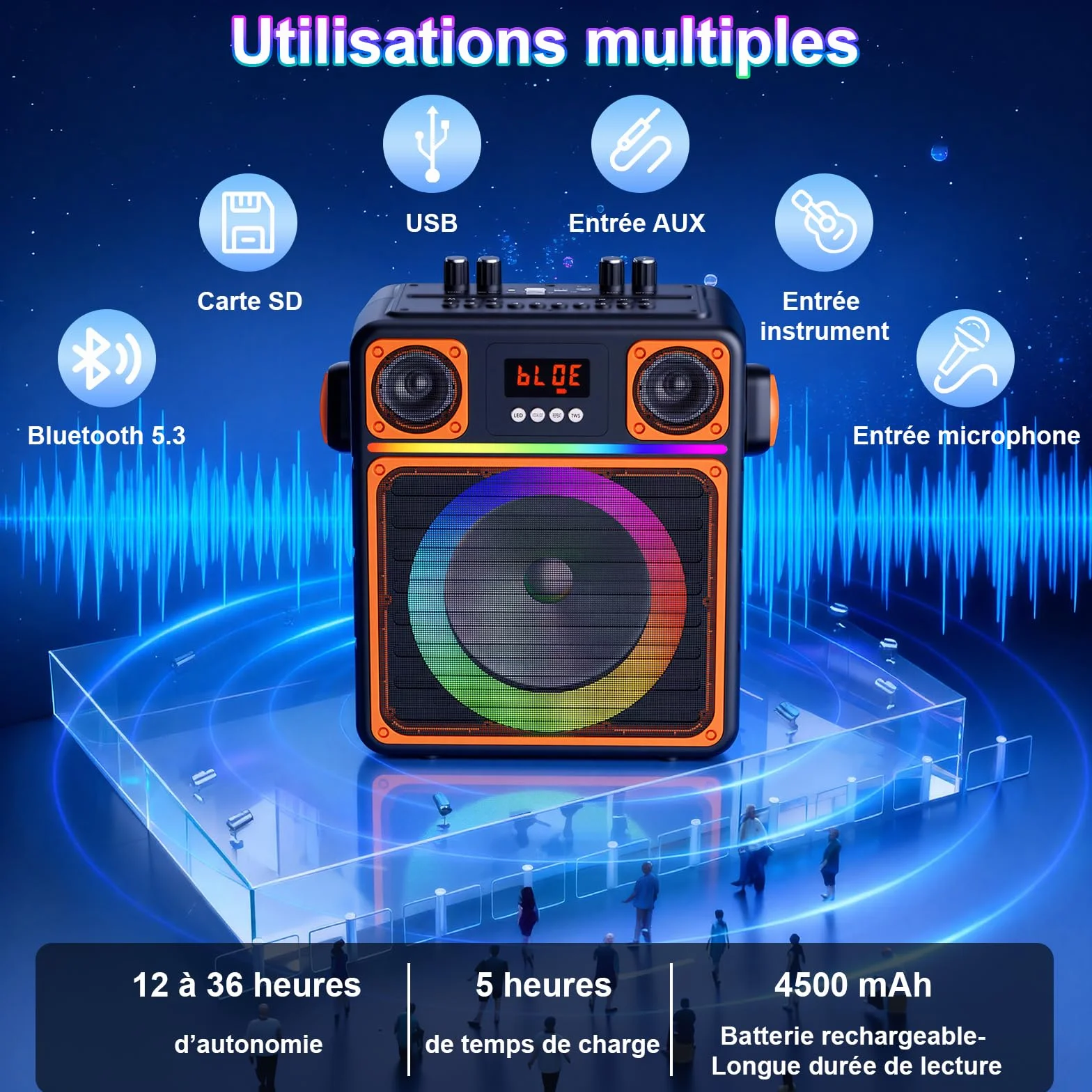 Machine de Karaoké Bluetooth Portable avec 2 Microphones Sans Fil, Haut-Parleur avec Lumières Disco, Supporte TWS/FM/AUX/USB/TF