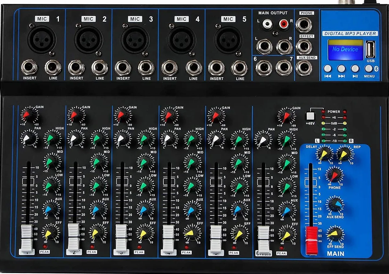 Depusheng HT7 Table de mixage audio Bluetooth portable 7 canaux USB MP3 48V