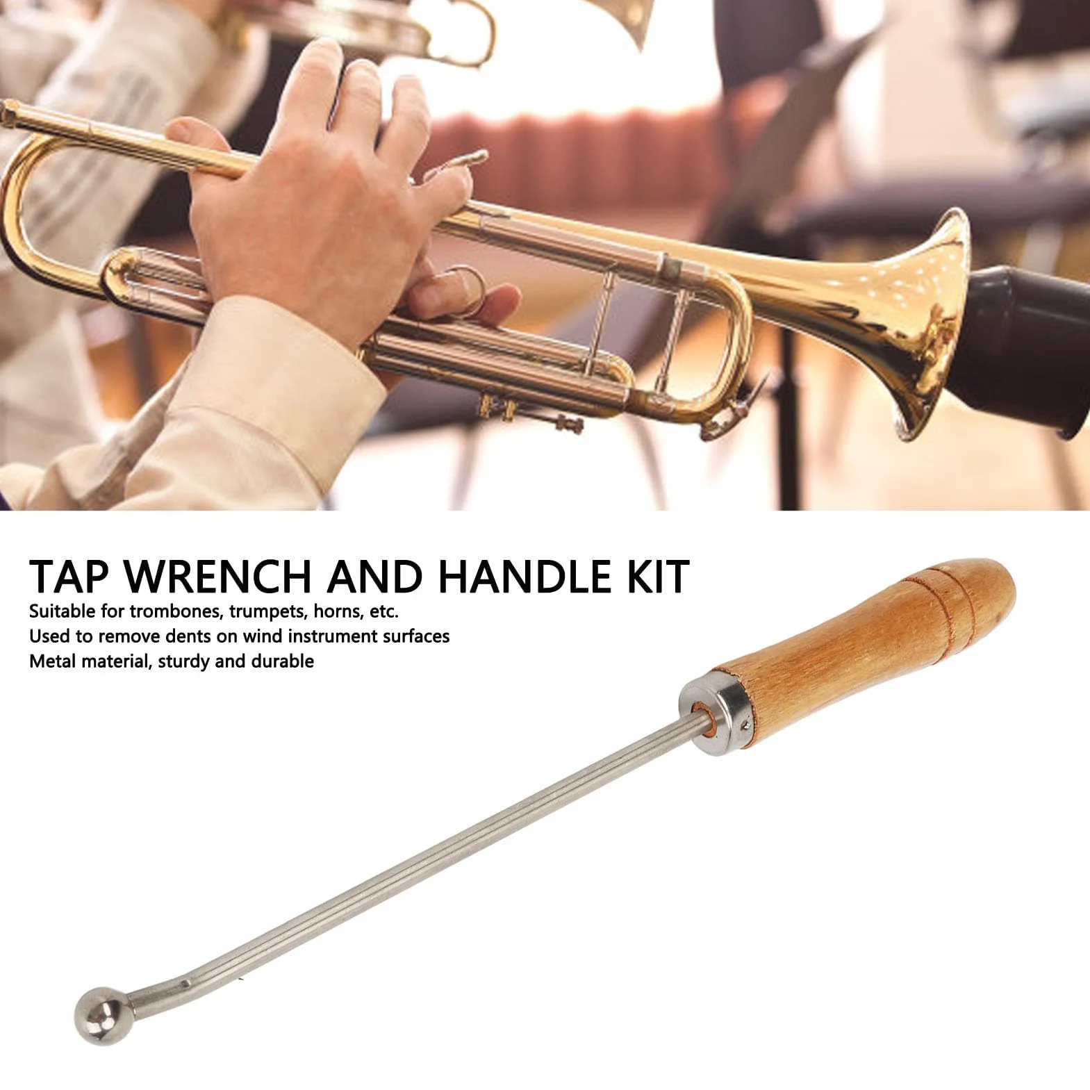 Outil de Réparation de Trompette, Tête Sphérique en Métal, Corne, Trombone, Outils d'Entretien du Cou avec Manche en Bois