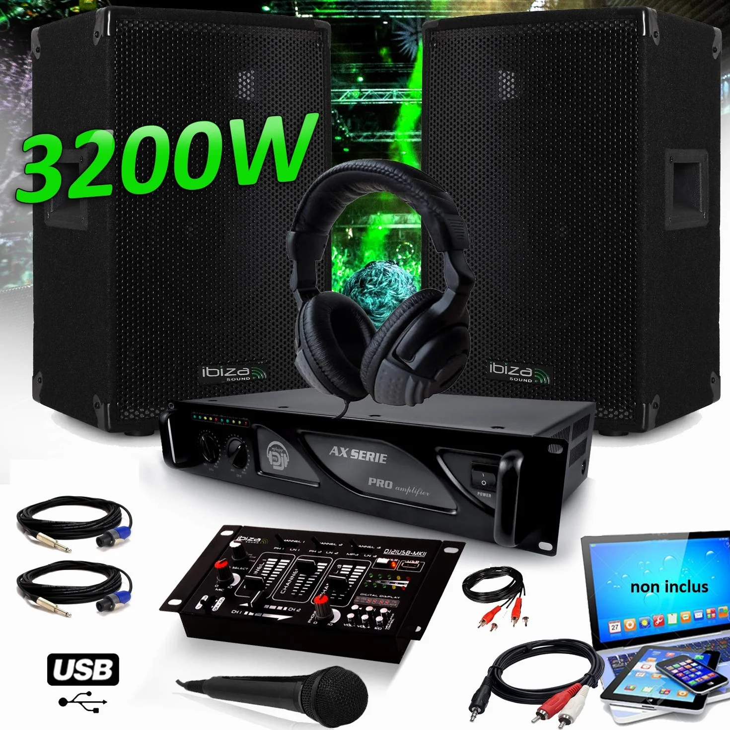 IBIZA SOUND DISCO12 Pack DJ SONO SET 3200W Enceintes + MyDj 2000W Amplificateur + Table de Mixage DJ21 USB + CASQUE + CABLES