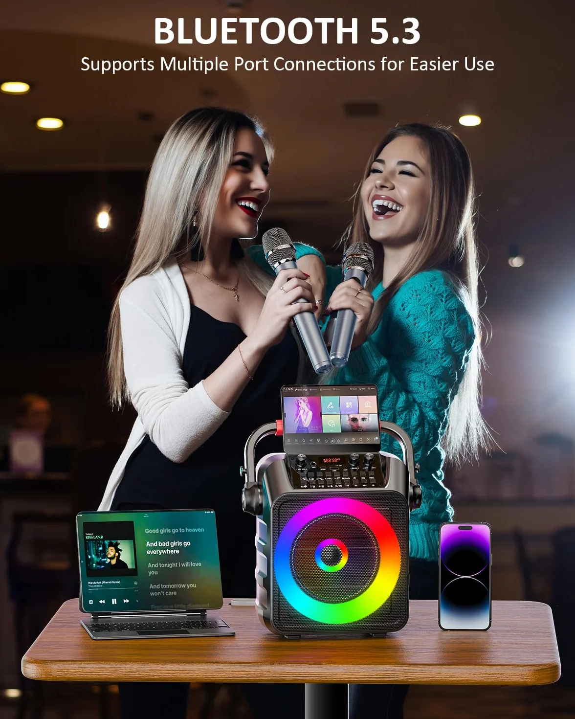 Machine karaoké pour Adultes Enceinte Bluetooth Portable 2 Microphones Professionnel LED USB TF AUX MIC TWS