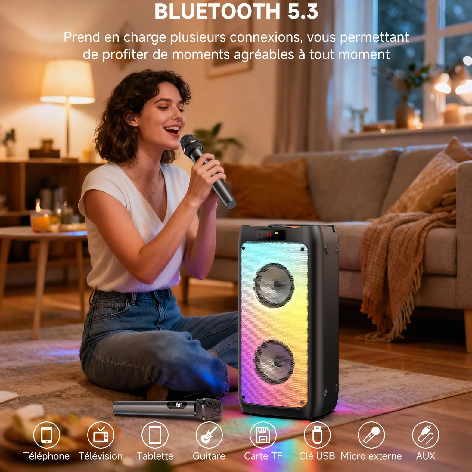 Enceinte Karaoké Bluetooth 5.3 150W avec 2 Micros sans Fil, Support Tablette et Lumière RVB, Noir