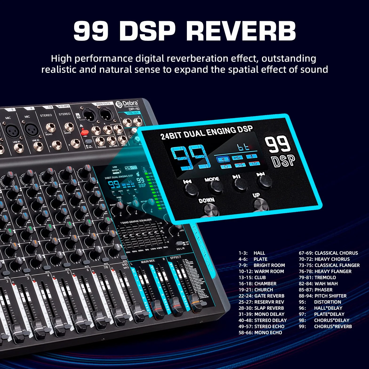 Mixeur DJ 10 Canaux avec Effets Numériques DSP 99, USB, Alimentation Fantôme 48V DP-10